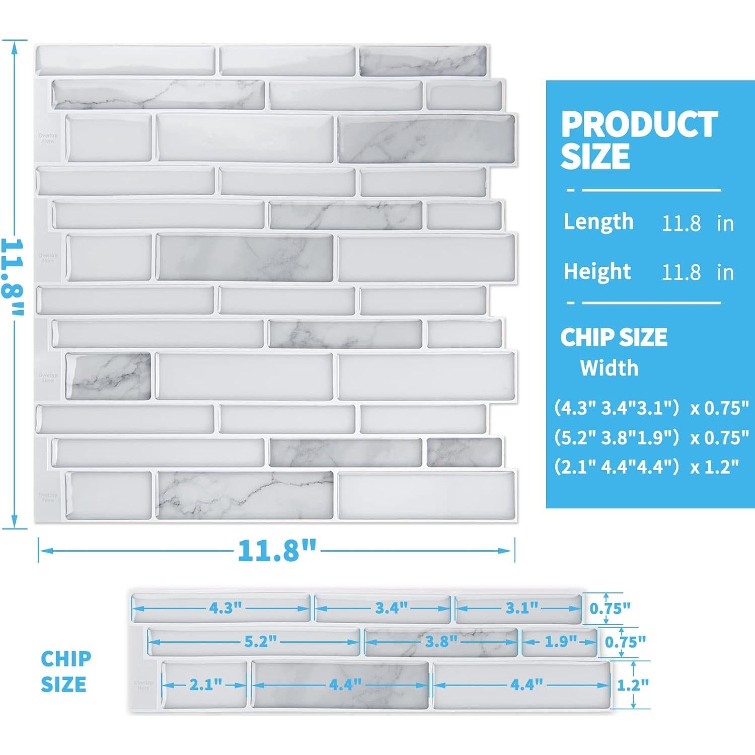 Azulejos Autoadhesivos Art3d 10 Hojas Mármol Blanco 30.48cm