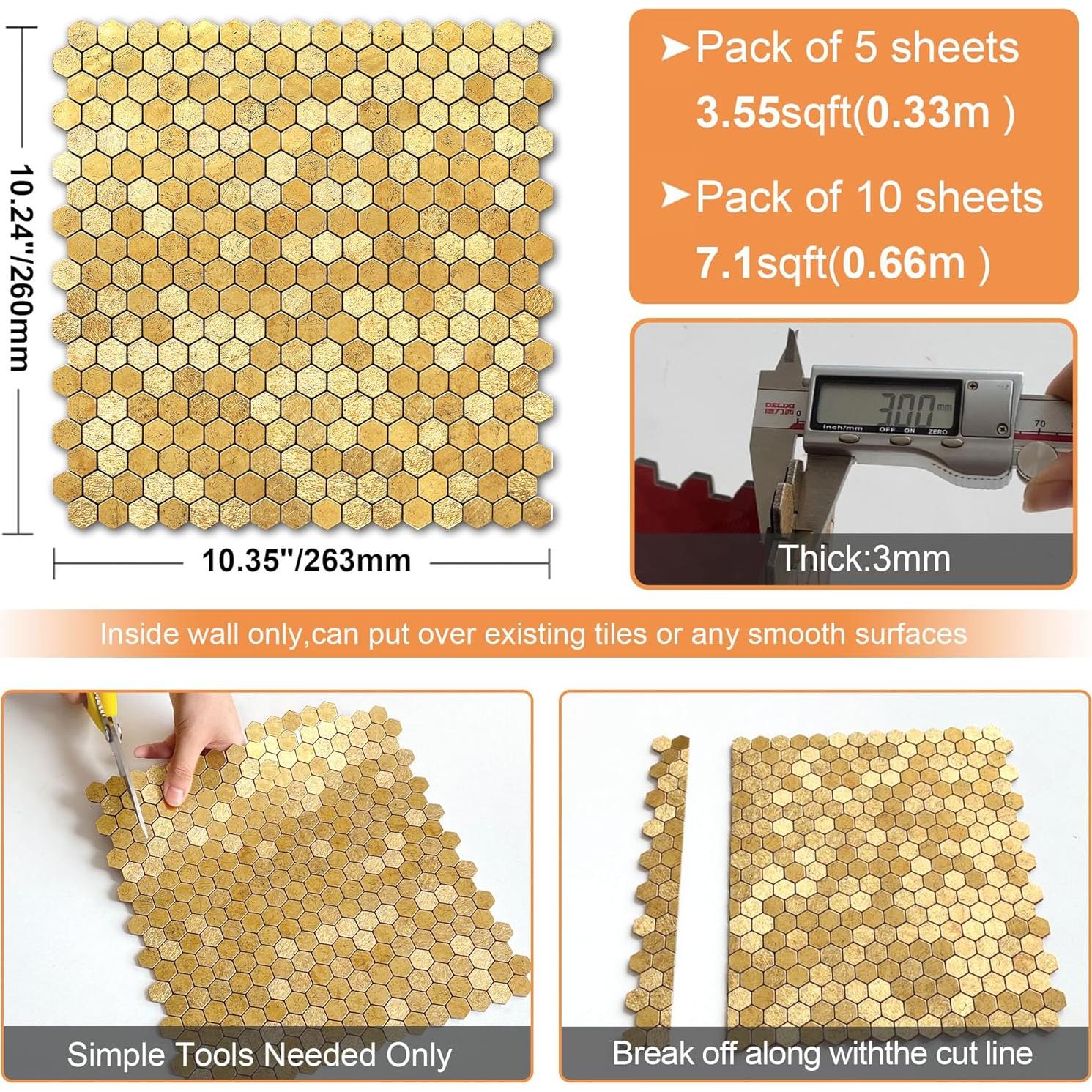 Azulejos Autoadhesivos VAOVI Gold Hexagonales 10 Hojas 3mm