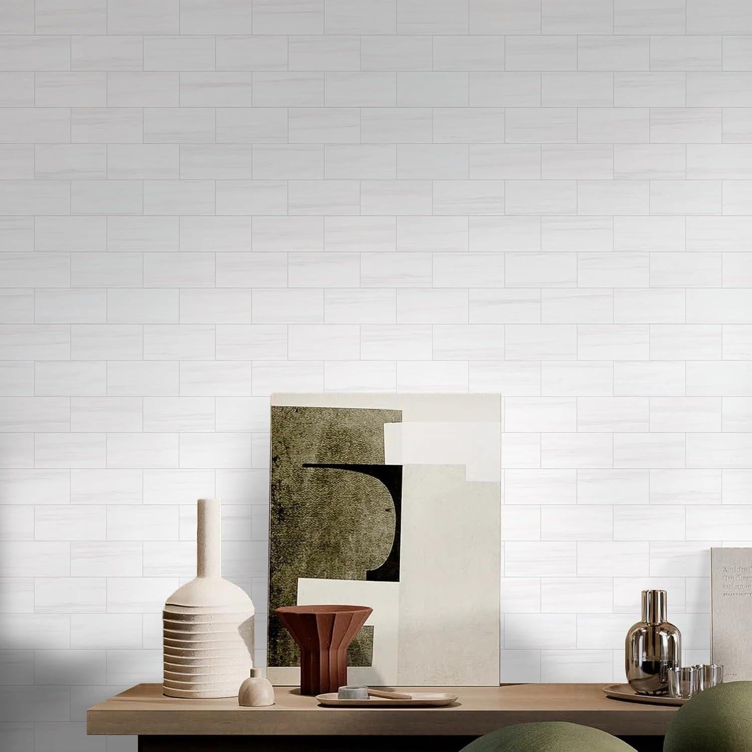 Vamos Tile 100-Piece Glossy Dolomite White Peel and Stick Backsplash Tile,3''x6'' PVC Subway Tile with White Grout, Stick on Backsplash for Kitchen/Bathroom/Fireplace