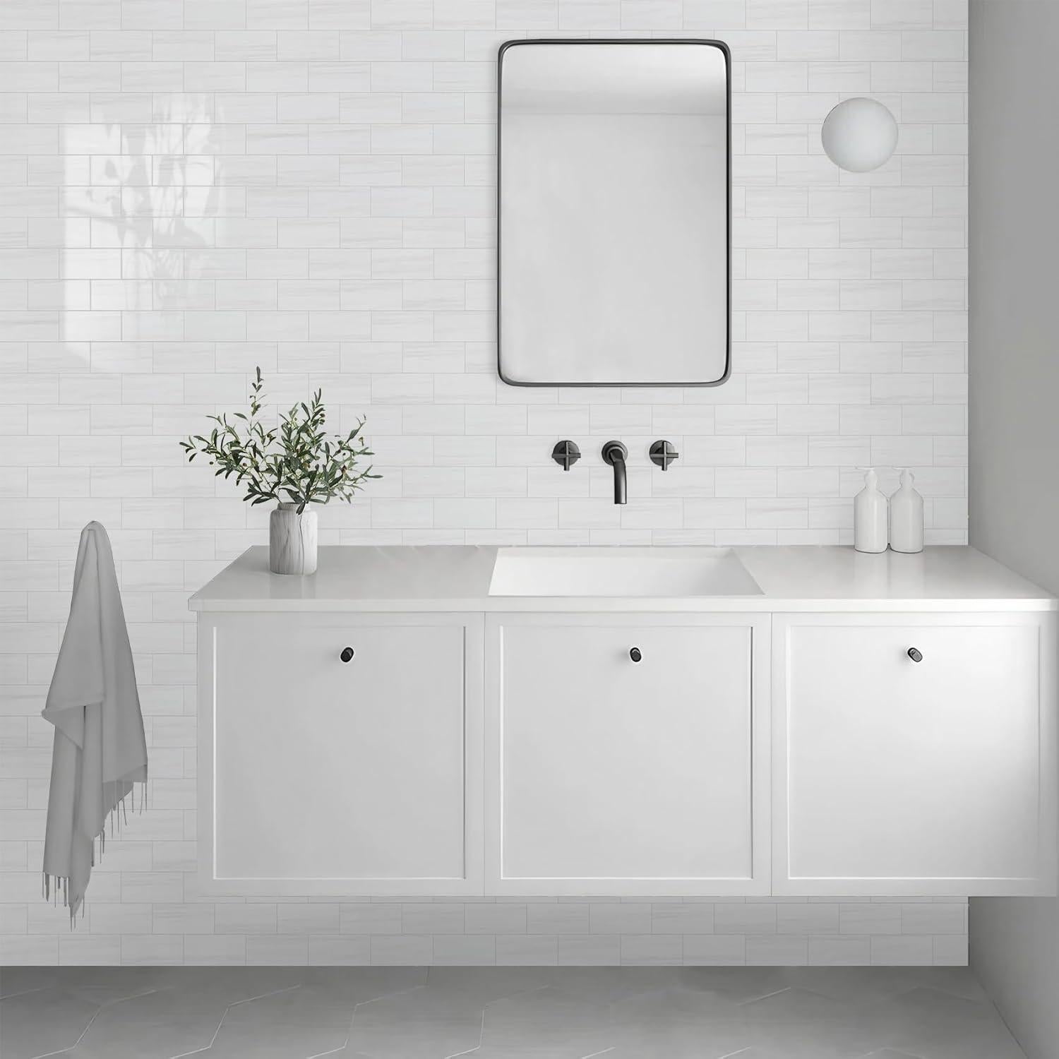 Vamos Tile 100-Piece Glossy Dolomite White Peel and Stick Backsplash Tile,3''x6'' PVC Subway Tile with White Grout, Stick on Backsplash for Kitchen/Bathroom/Fireplace