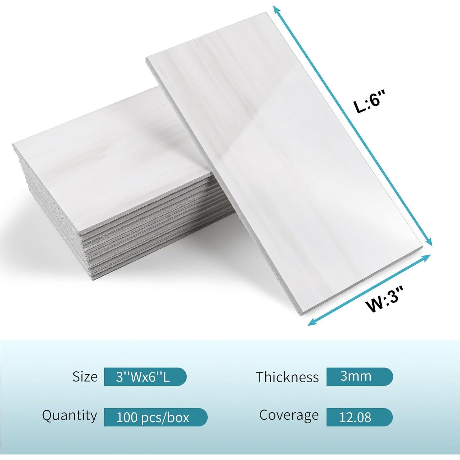 Vamos Tile 100-Piece Glossy Dolomite White Peel and Stick Backsplash Tile,3''x6'' PVC Subway Tile with White Grout, Stick on Backsplash for Kitchen/Bathroom/Fireplace