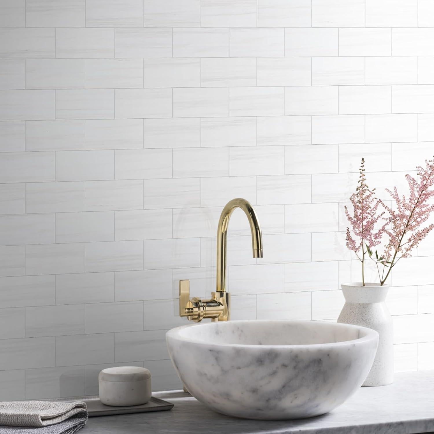 Vamos Tile 100-Piece Glossy Dolomite White Peel and Stick Backsplash Tile,3''x6'' PVC Subway Tile with White Grout, Stick on Backsplash for Kitchen/Bathroom/Fireplace