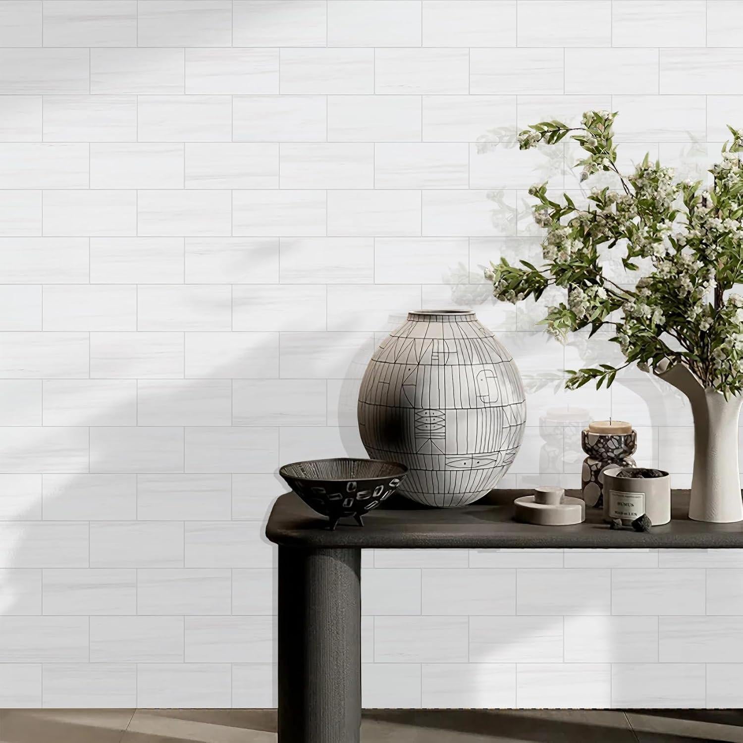 Vamos Tile 100-Piece Glossy Dolomite White Peel and Stick Backsplash Tile,3''x6'' PVC Subway Tile with White Grout, Stick on Backsplash for Kitchen/Bathroom/Fireplace