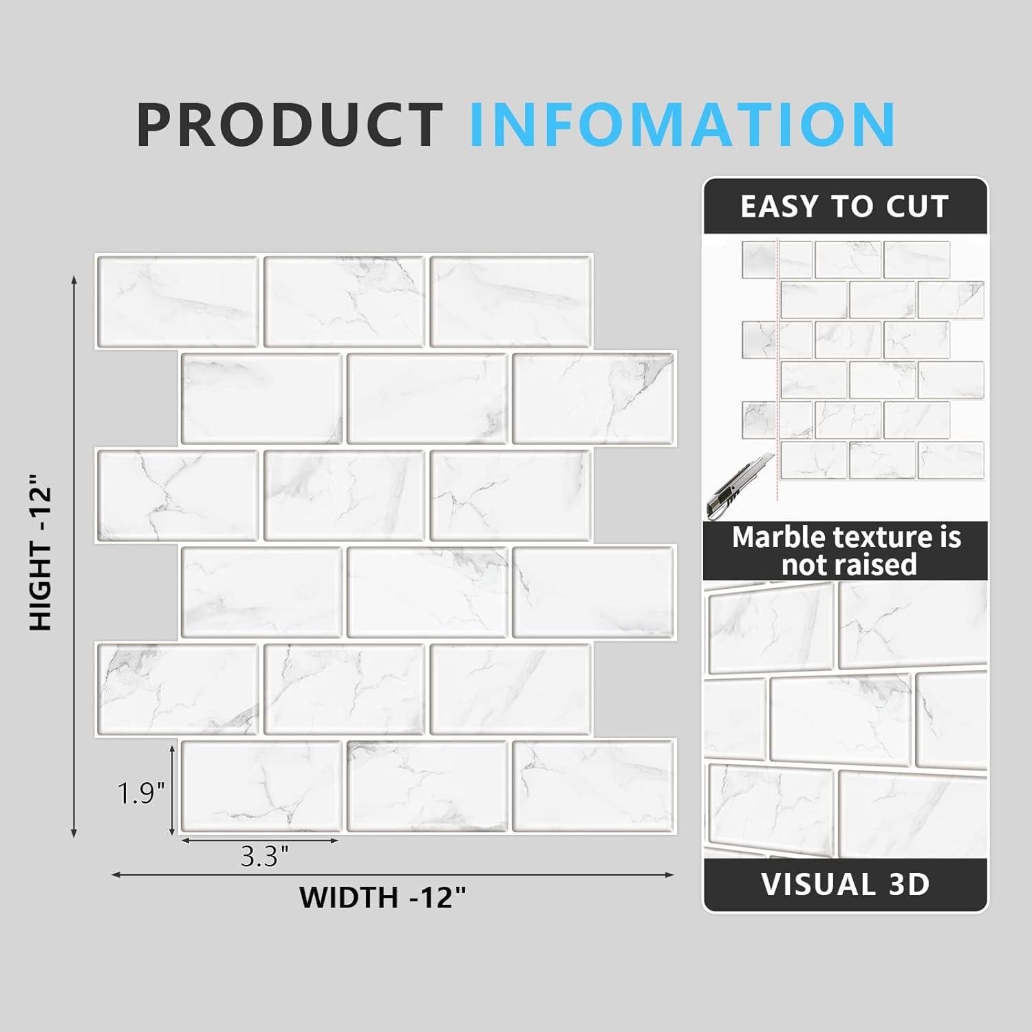 URCOLOR 10 Hojas Azulejos Autoadhesivos Mármol Blanco 30.48cm