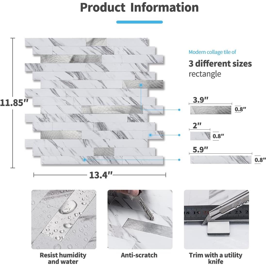 Azulejo Autoadhesivo Art3d 10 Hojas PVC 34x30 cm Blanco