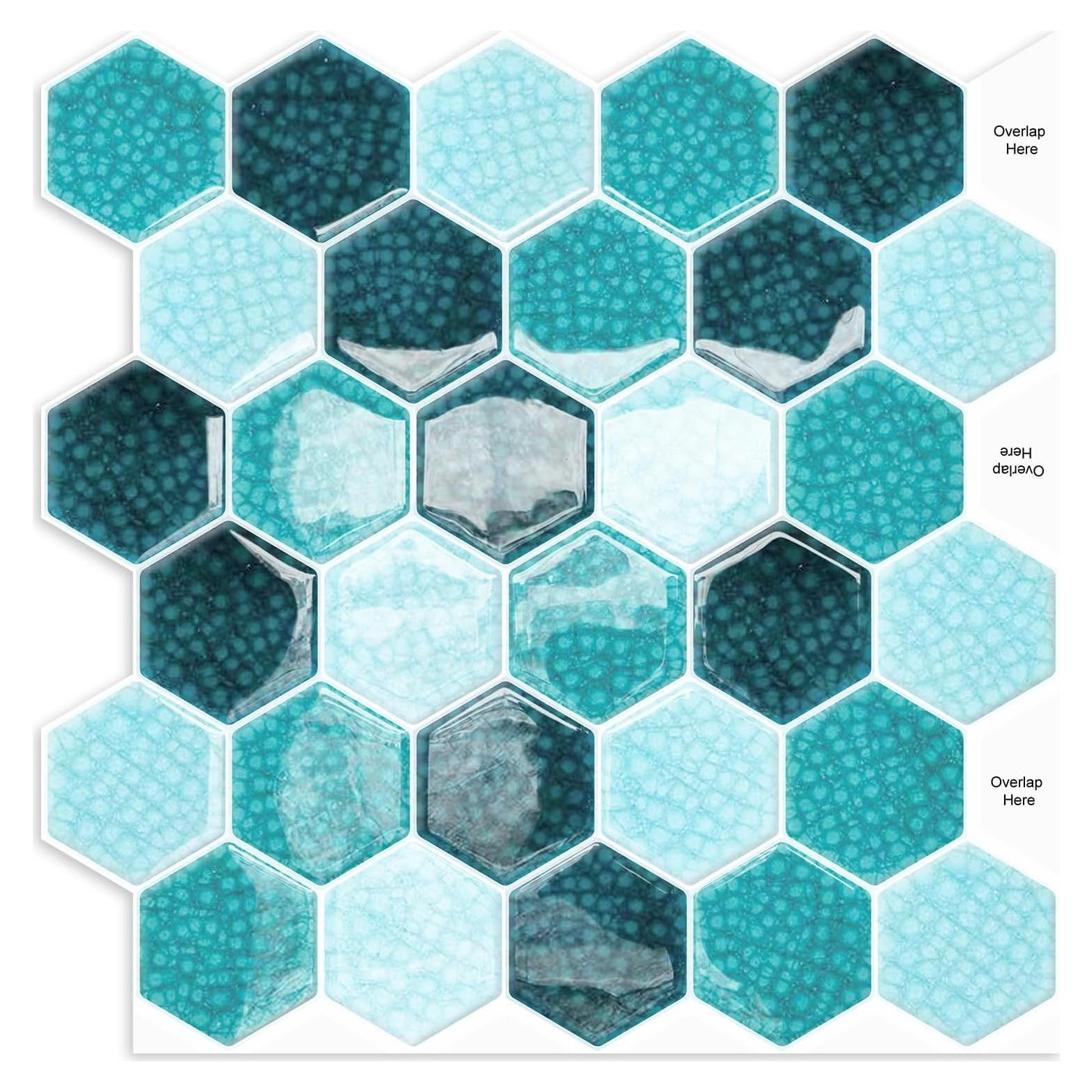 Blue Mosaic Hexagon Peel and Stick Backsplash,12" x 12" Self Adhesive Back Splash Honeycomb Stick on Wall Tile for Kitchen,Bathroom,Fireplace,RV(10 Sheets)