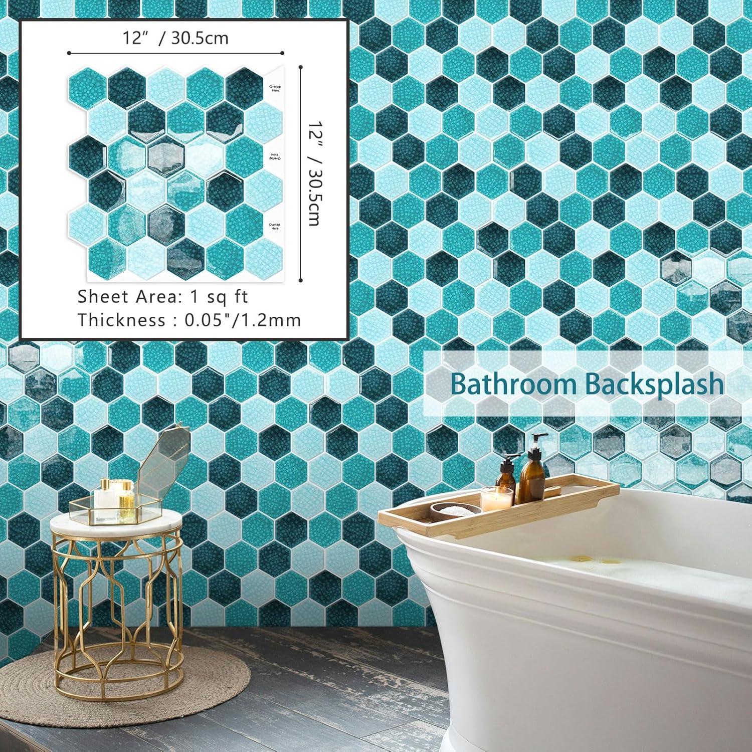 Blue Mosaic Hexagon Peel and Stick Backsplash,12" x 12" Self Adhesive Back Splash Honeycomb Stick on Wall Tile for Kitchen,Bathroom,Fireplace,RV(10 Sheets)