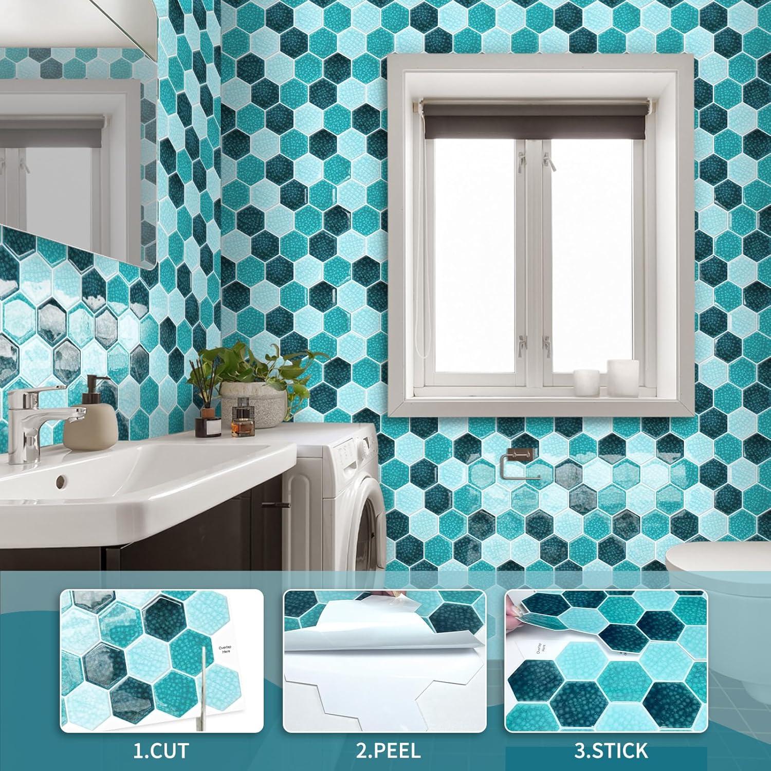 Blue Mosaic Hexagon Peel and Stick Backsplash,12" x 12" Self Adhesive Back Splash Honeycomb Stick on Wall Tile for Kitchen,Bathroom,Fireplace,RV(10 Sheets)