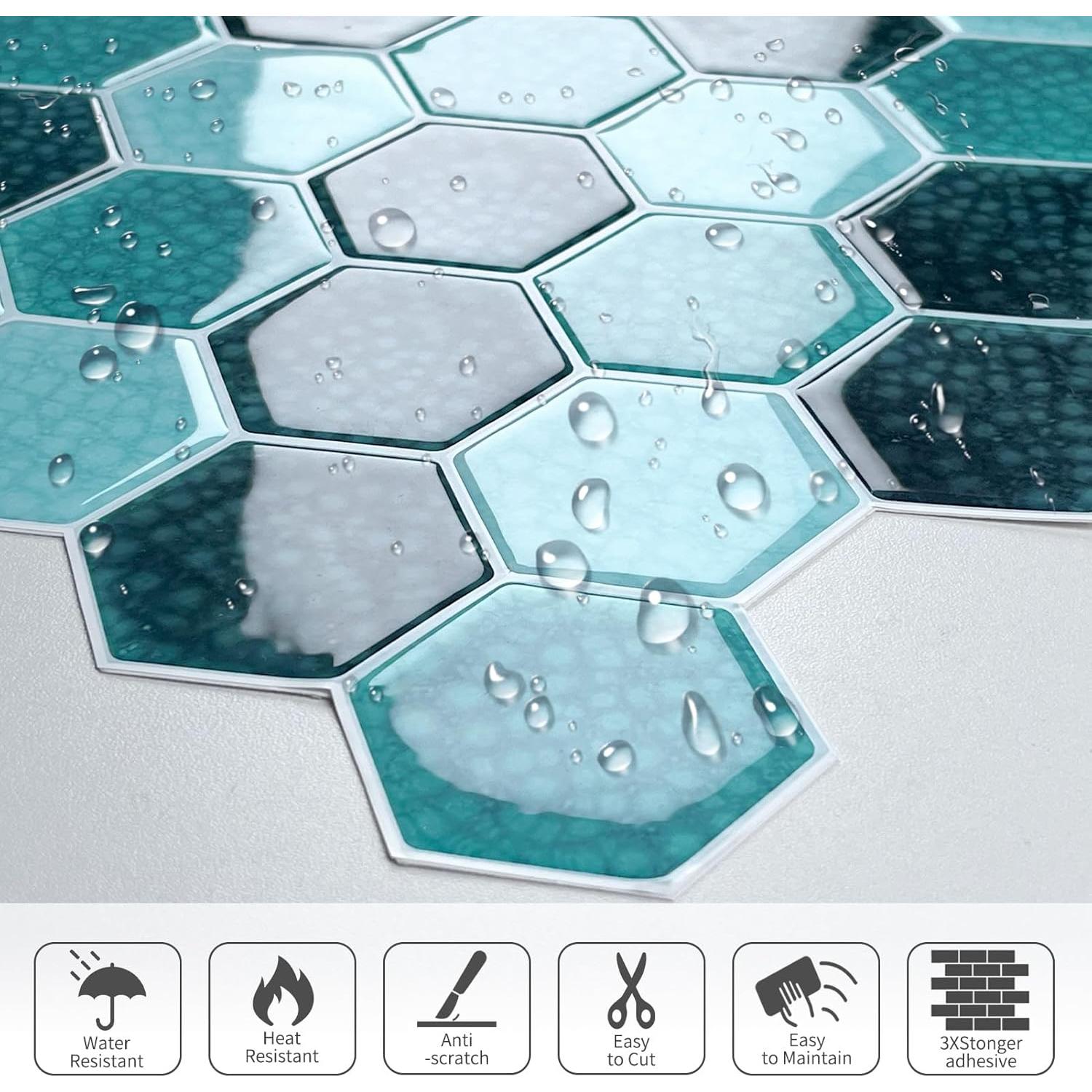 Blue Mosaic Hexagon Peel and Stick Backsplash,12" x 12" Self Adhesive Back Splash Honeycomb Stick on Wall Tile for Kitchen,Bathroom,Fireplace,RV(10 Sheets)