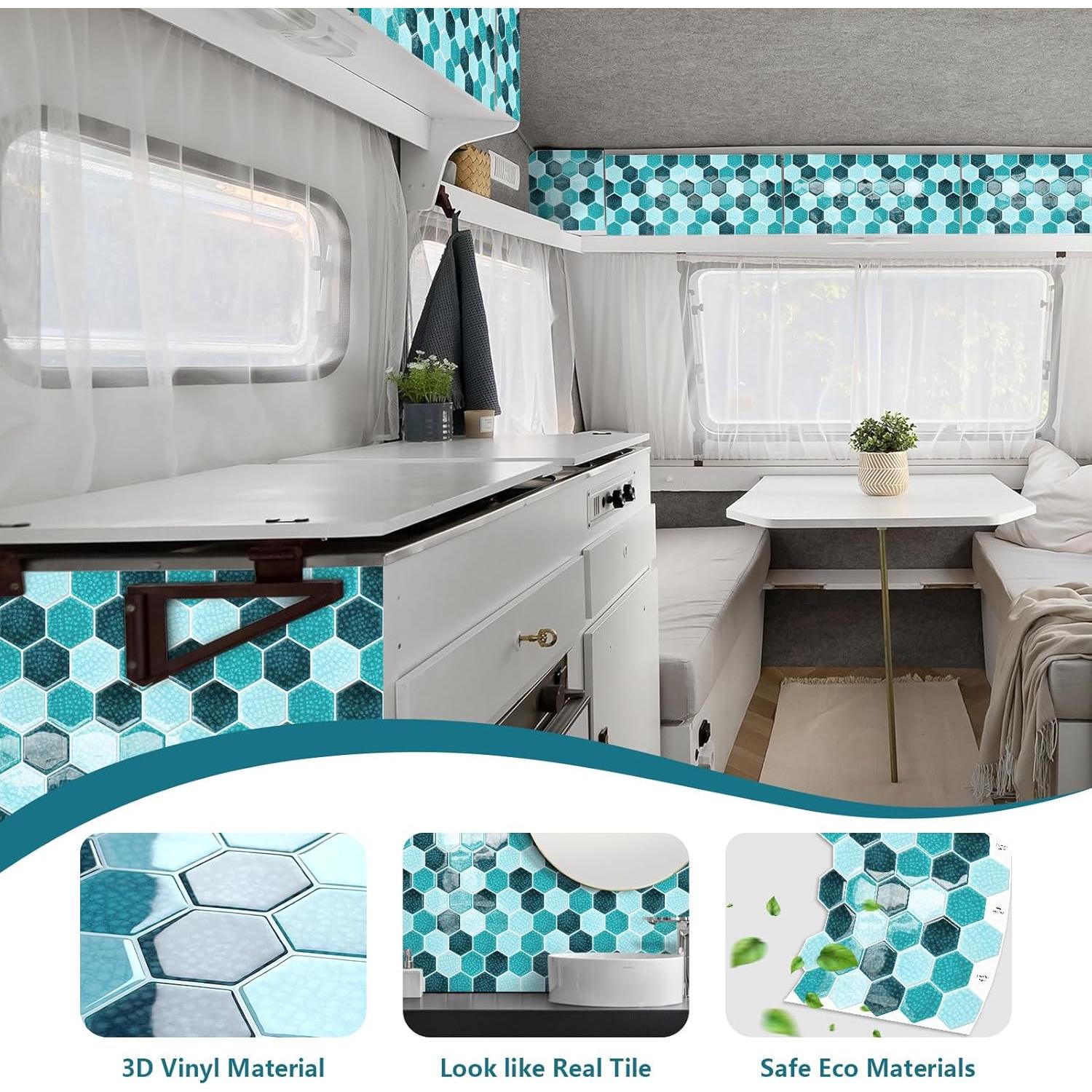 Blue Mosaic Hexagon Peel and Stick Backsplash,12" x 12" Self Adhesive Back Splash Honeycomb Stick on Wall Tile for Kitchen,Bathroom,Fireplace,RV(10 Sheets)