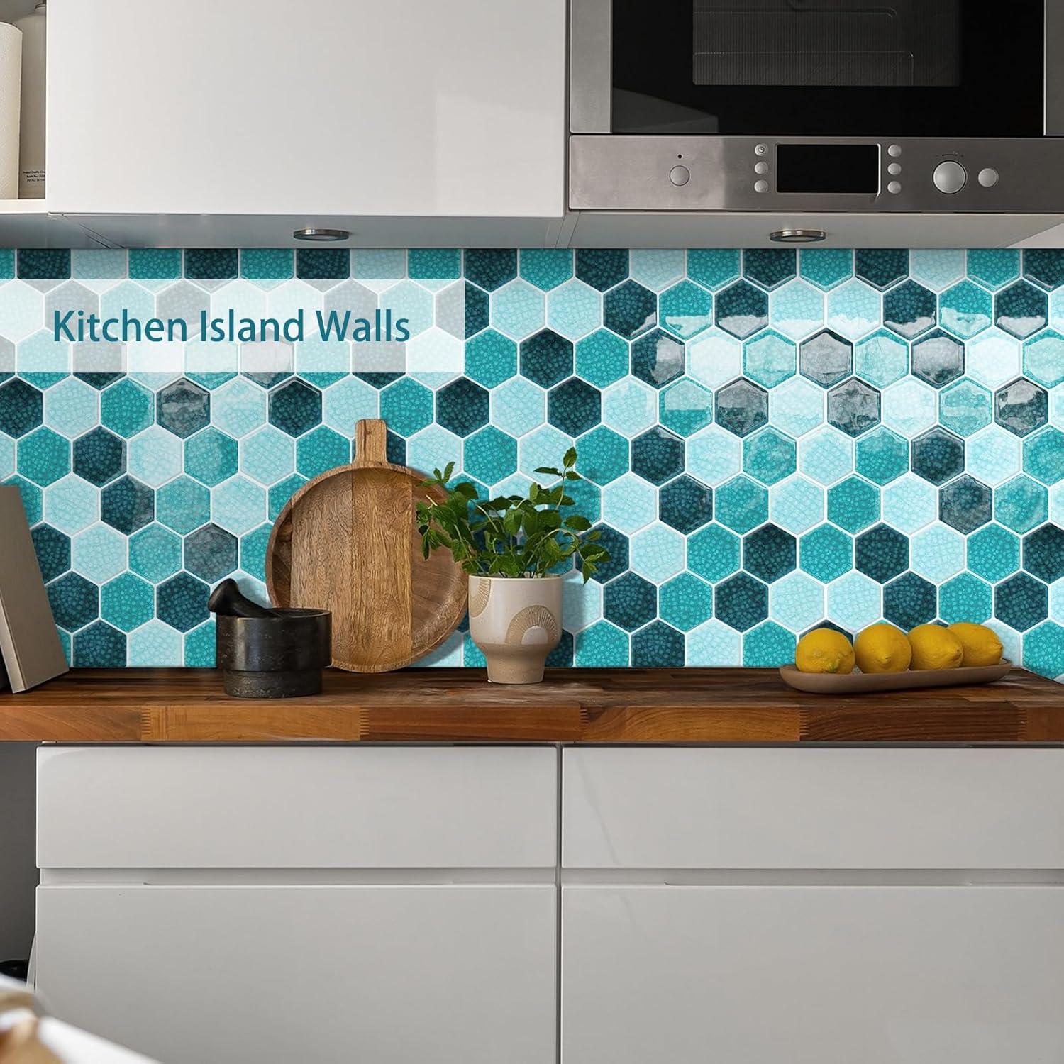 Blue Mosaic Hexagon Peel and Stick Backsplash,12" x 12" Self Adhesive Back Splash Honeycomb Stick on Wall Tile for Kitchen,Bathroom,Fireplace,RV(10 Sheets)