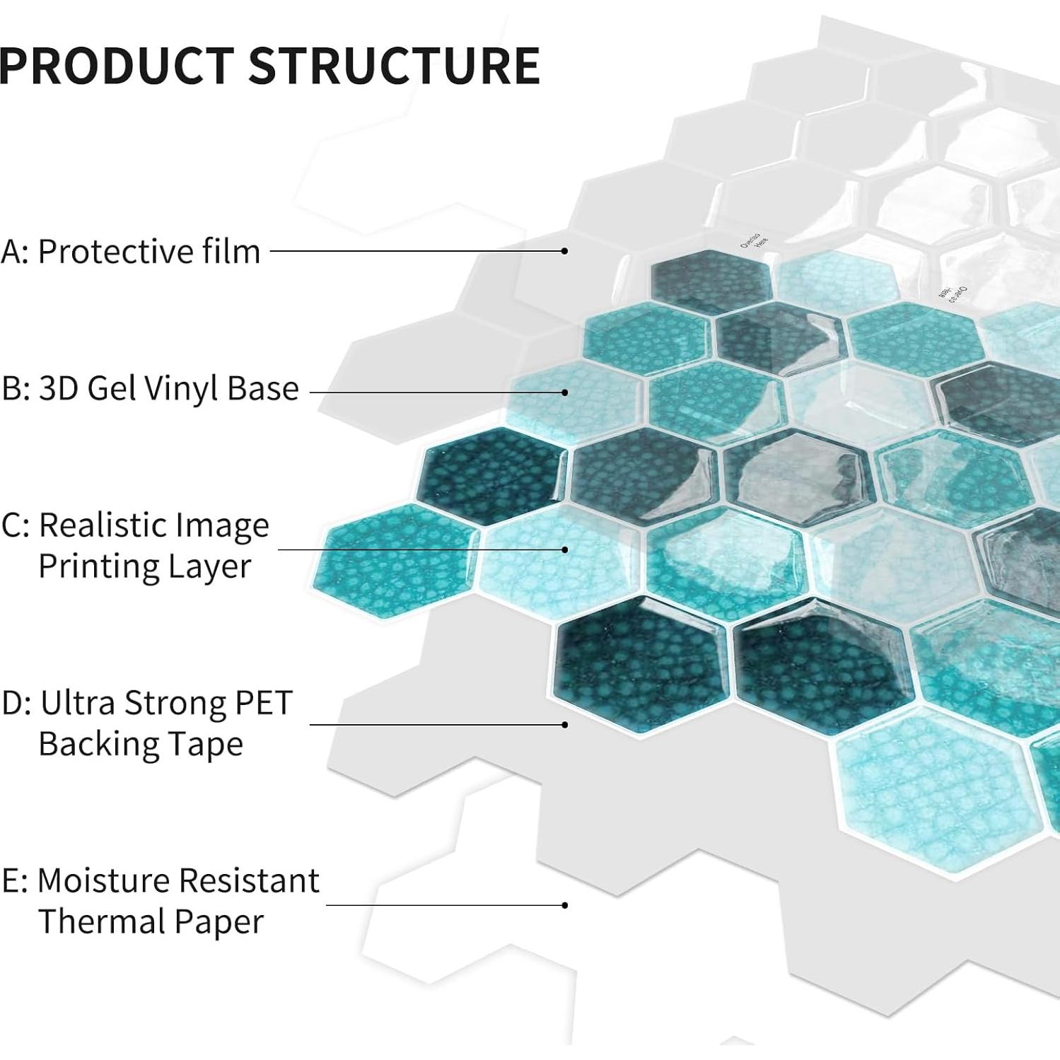 Blue Mosaic Hexagon Peel and Stick Backsplash,12" x 12" Self Adhesive Back Splash Honeycomb Stick on Wall Tile for Kitchen,Bathroom,Fireplace,RV(10 Sheets)