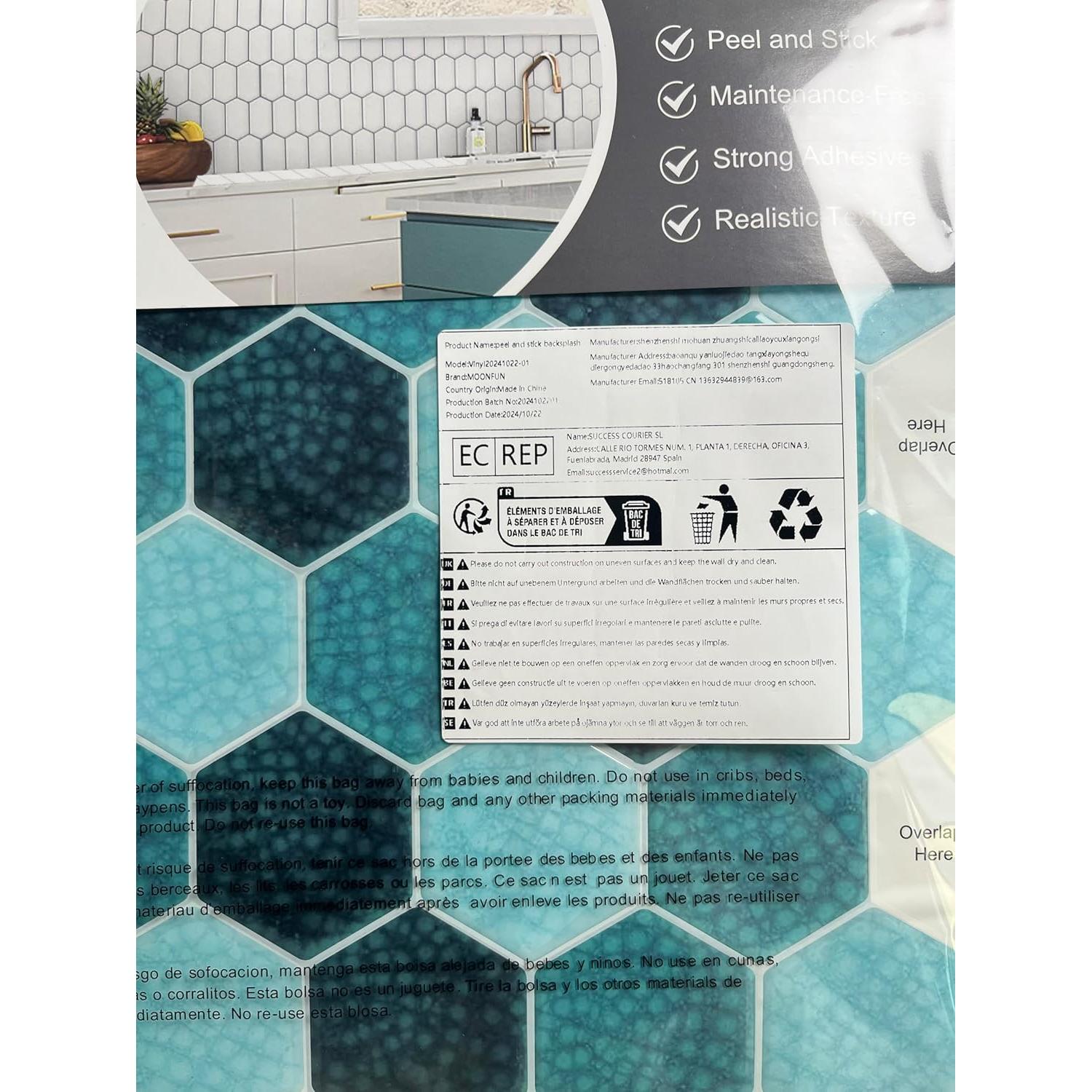 Blue Mosaic Hexagon Peel and Stick Backsplash,12" x 12" Self Adhesive Back Splash Honeycomb Stick on Wall Tile for Kitchen,Bathroom,Fireplace,RV(10 Sheets)