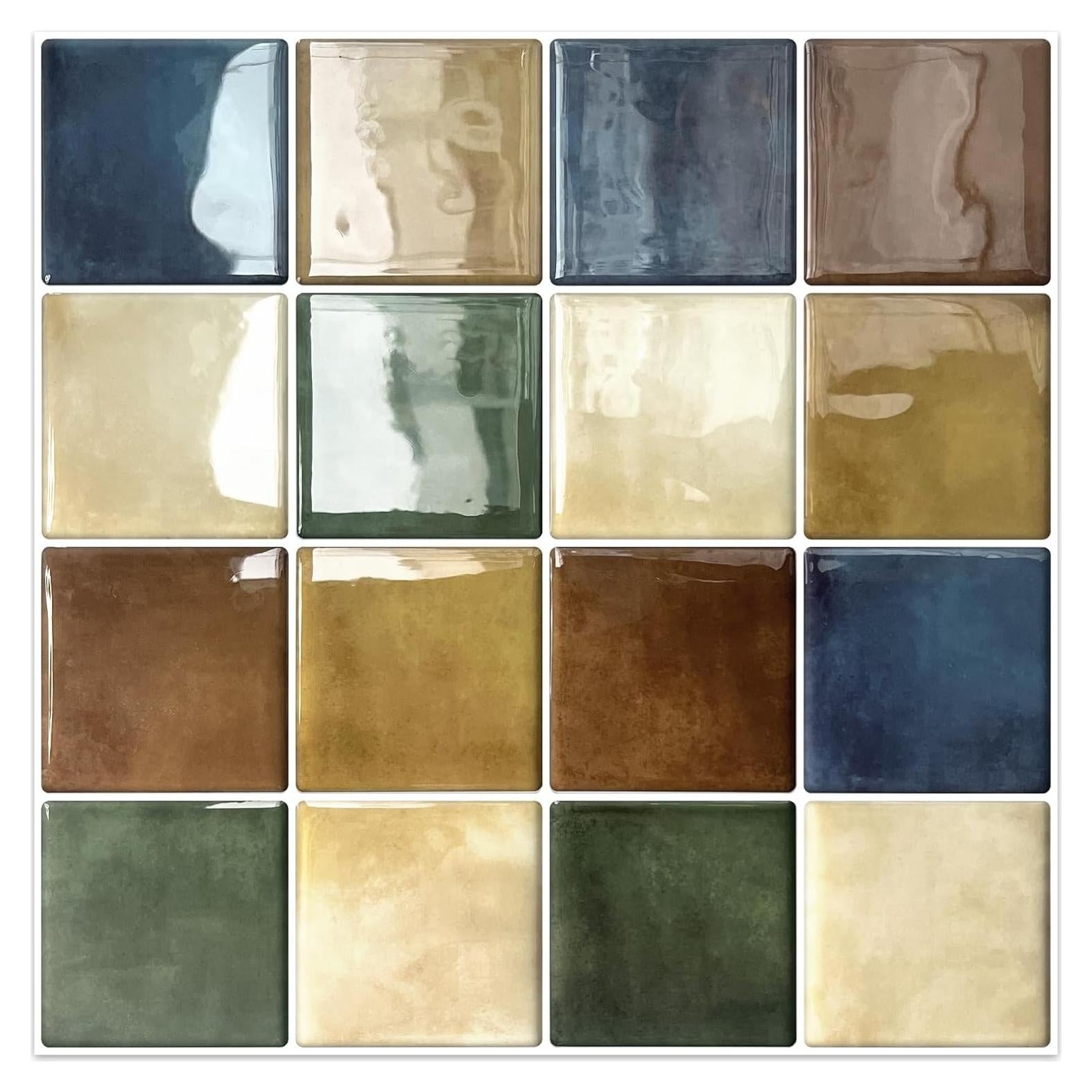 DEWOO Colorful Peel and Stick Backsplash Tiles Kitchen Bathroom Square Self Adhesive Wall Tile Checkerboard Checkered Stickers,Multicolor (10-Sheet, 12"×12")