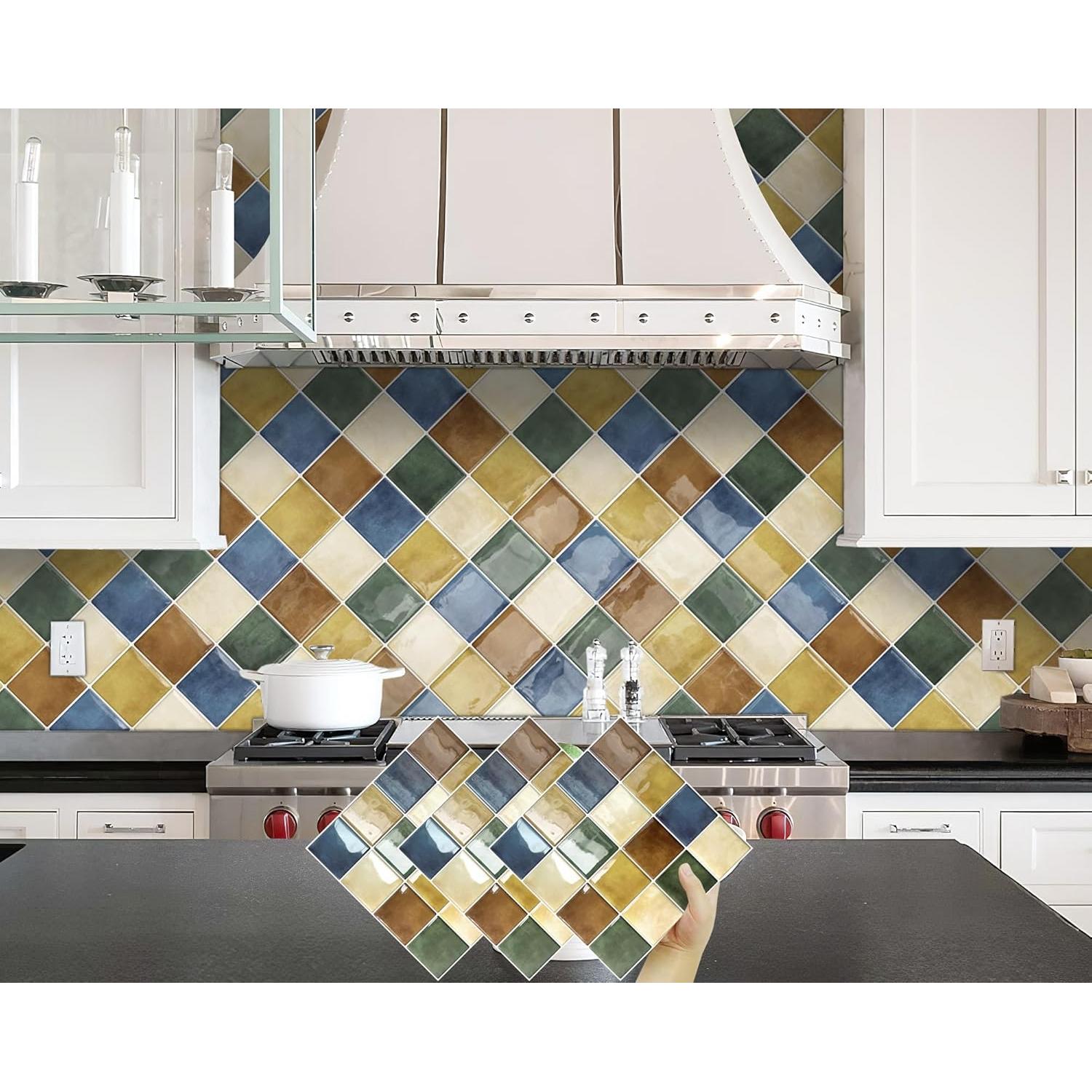 DEWOO Colorful Peel and Stick Backsplash Tiles Kitchen Bathroom Square Self Adhesive Wall Tile Checkerboard Checkered Stickers,Multicolor (10-Sheet, 12"×12")