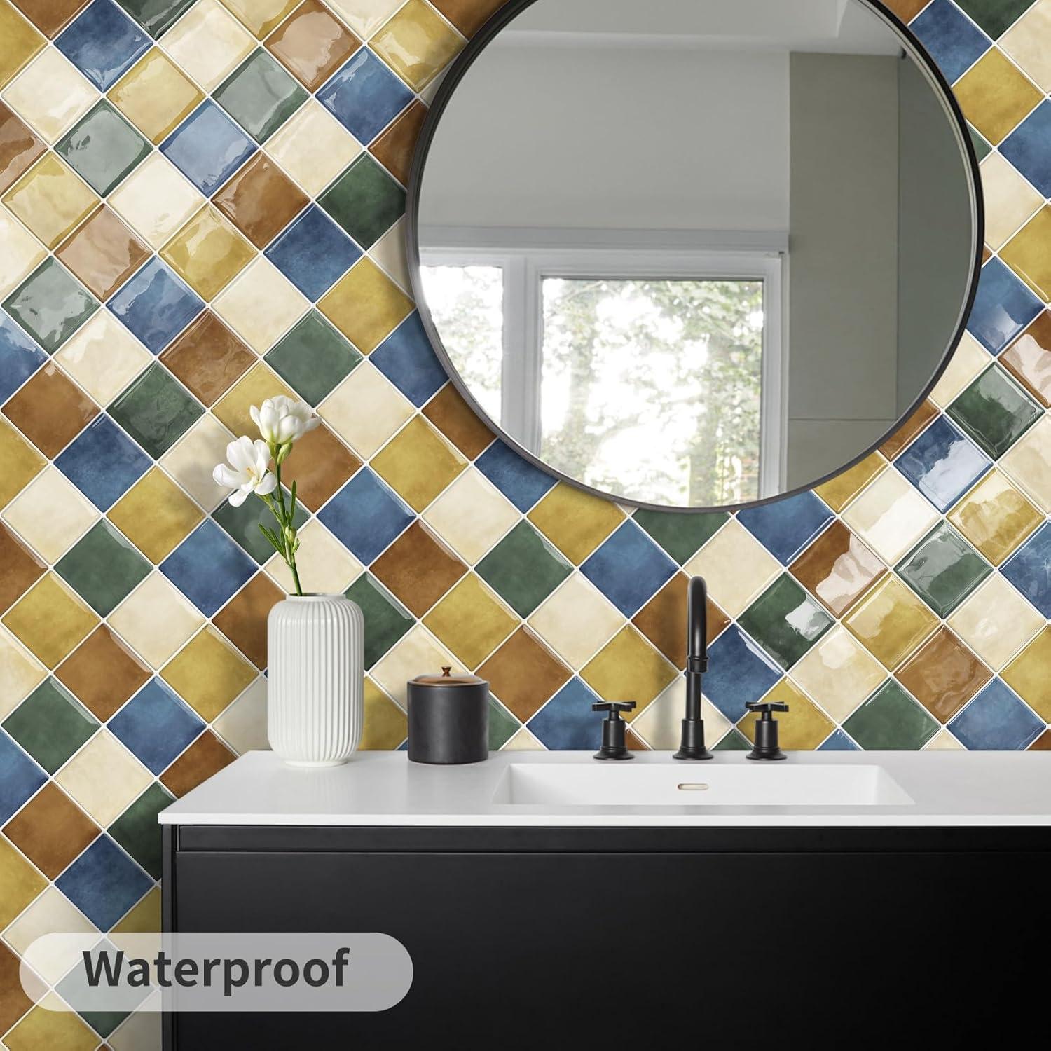 DEWOO Colorful Peel and Stick Backsplash Tiles Kitchen Bathroom Square Self Adhesive Wall Tile Checkerboard Checkered Stickers,Multicolor (10-Sheet, 12"×12")