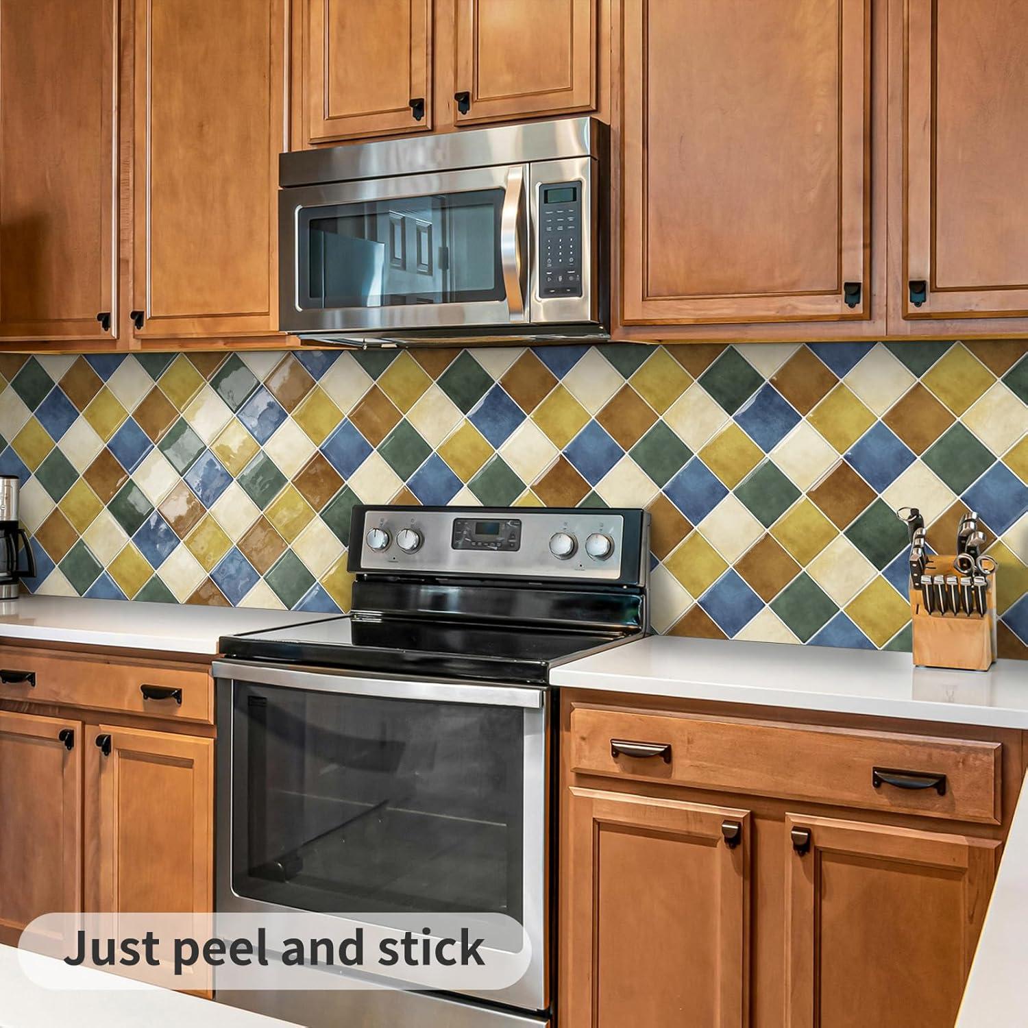 DEWOO Colorful Peel and Stick Backsplash Tiles Kitchen Bathroom Square Self Adhesive Wall Tile Checkerboard Checkered Stickers,Multicolor (10-Sheet, 12"×12")