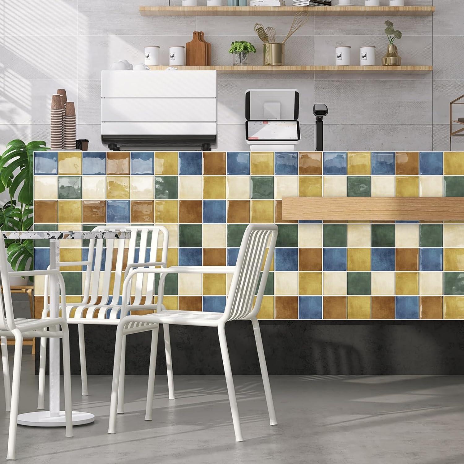 DEWOO Colorful Peel and Stick Backsplash Tiles Kitchen Bathroom Square Self Adhesive Wall Tile Checkerboard Checkered Stickers,Multicolor (10-Sheet, 12"×12")