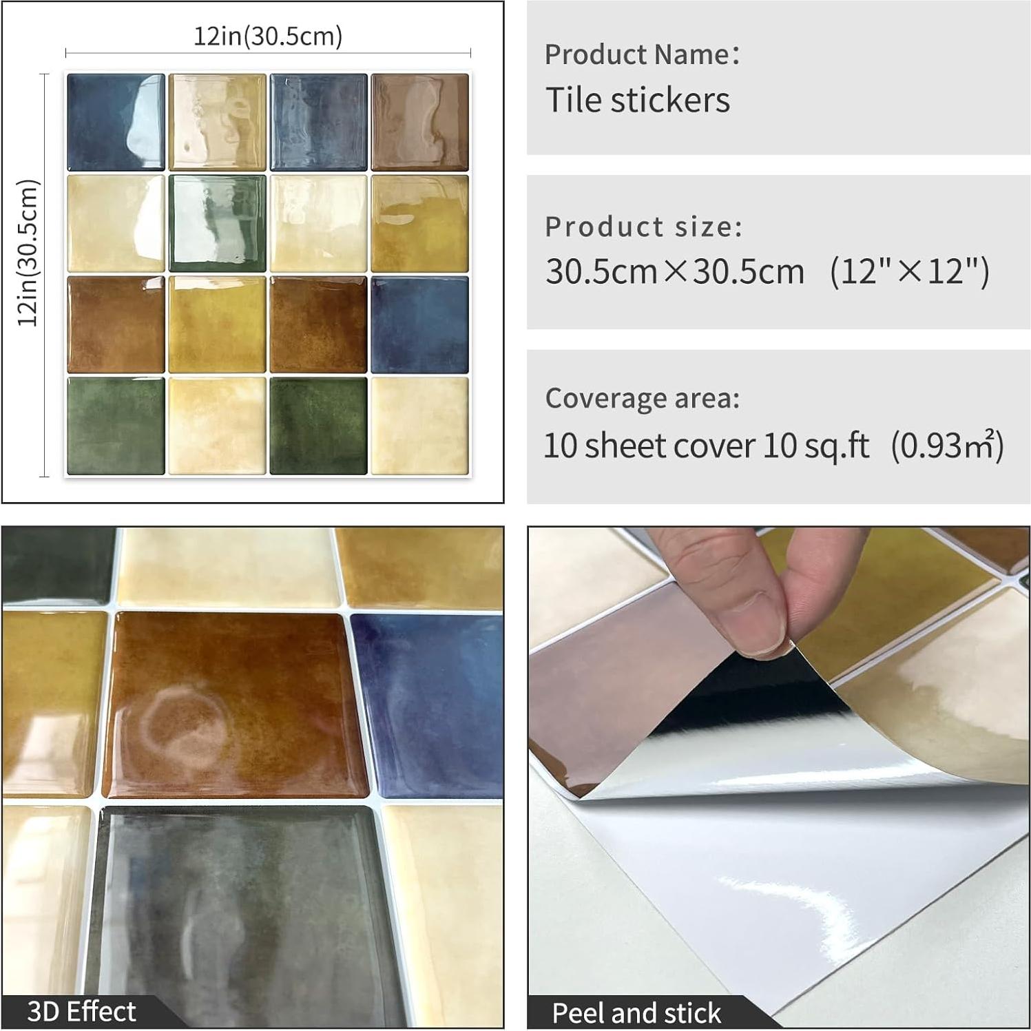 DEWOO Colorful Peel and Stick Backsplash Tiles Kitchen Bathroom Square Self Adhesive Wall Tile Checkerboard Checkered Stickers,Multicolor (10-Sheet, 12"×12")