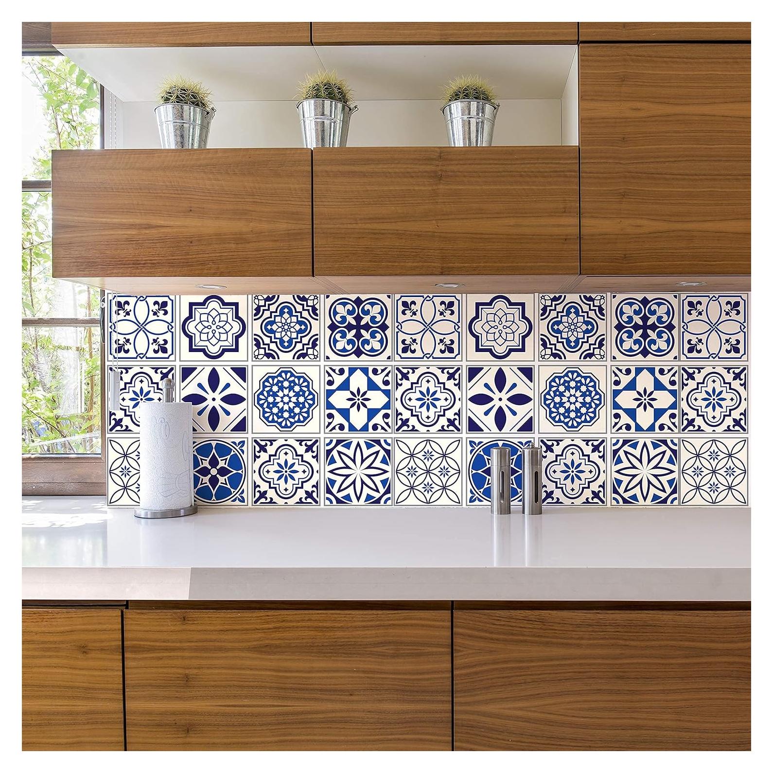WALPLUS 24pcs 6" Peel and Stick Vinyl Backsplash Tiles Stickers Tile Paint Removable Waterproof Self-Adhesive Decals Vinyl Home Kitchen Bathroom Spring Easter Decoration (Spanish & Moroccan Blue)