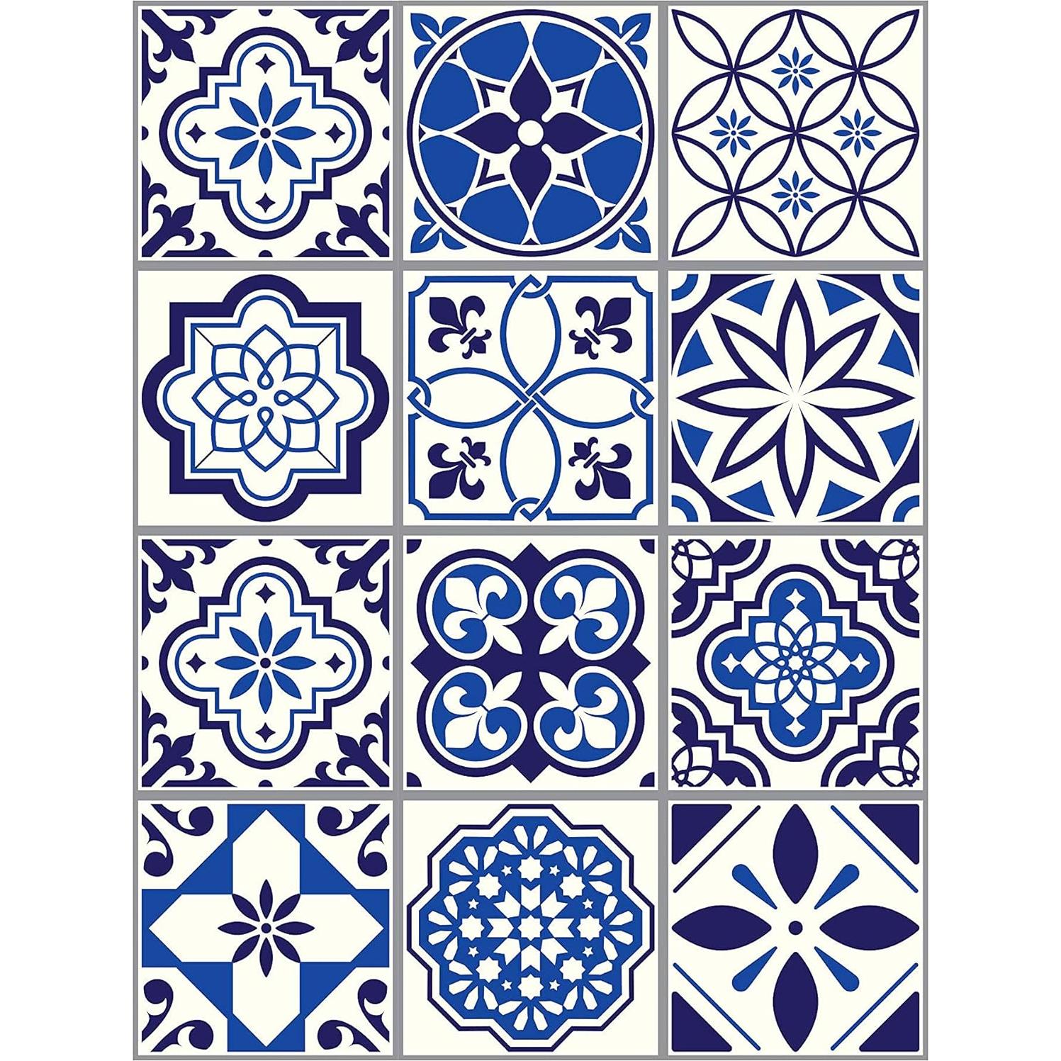 WALPLUS 24pcs 6" Peel and Stick Vinyl Backsplash Tiles Stickers Tile Paint Removable Waterproof Self-Adhesive Decals Vinyl Home Kitchen Bathroom Spring Easter Decoration (Spanish & Moroccan Blue)