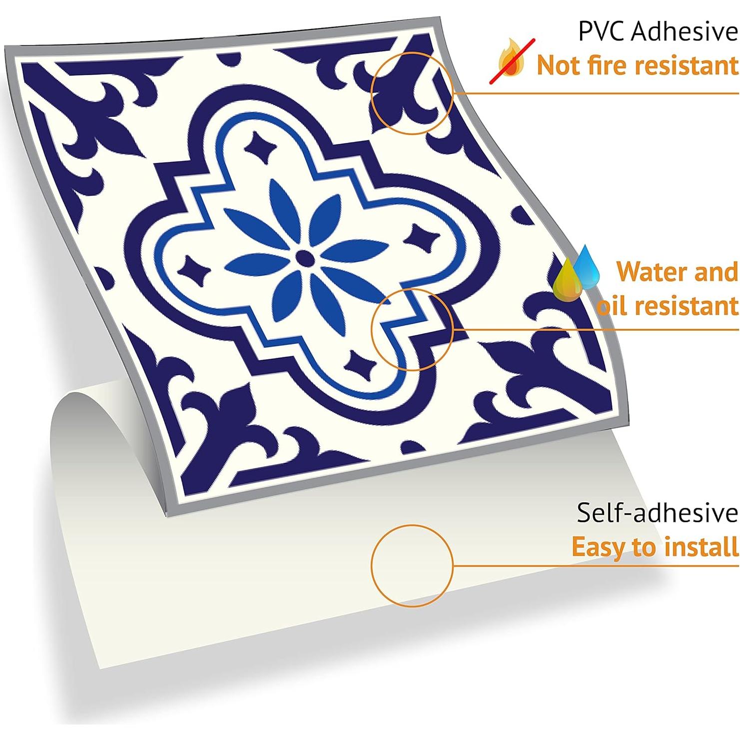 WALPLUS 24pcs 6" Peel and Stick Vinyl Backsplash Tiles Stickers Tile Paint Removable Waterproof Self-Adhesive Decals Vinyl Home Kitchen Bathroom Spring Easter Decoration (Spanish & Moroccan Blue)