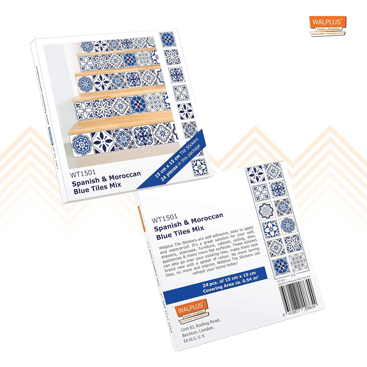 WALPLUS 24pcs 6" Peel and Stick Vinyl Backsplash Tiles Stickers Tile Paint Removable Waterproof Self-Adhesive Decals Vinyl Home Kitchen Bathroom Spring Easter Decoration (Spanish & Moroccan Blue)