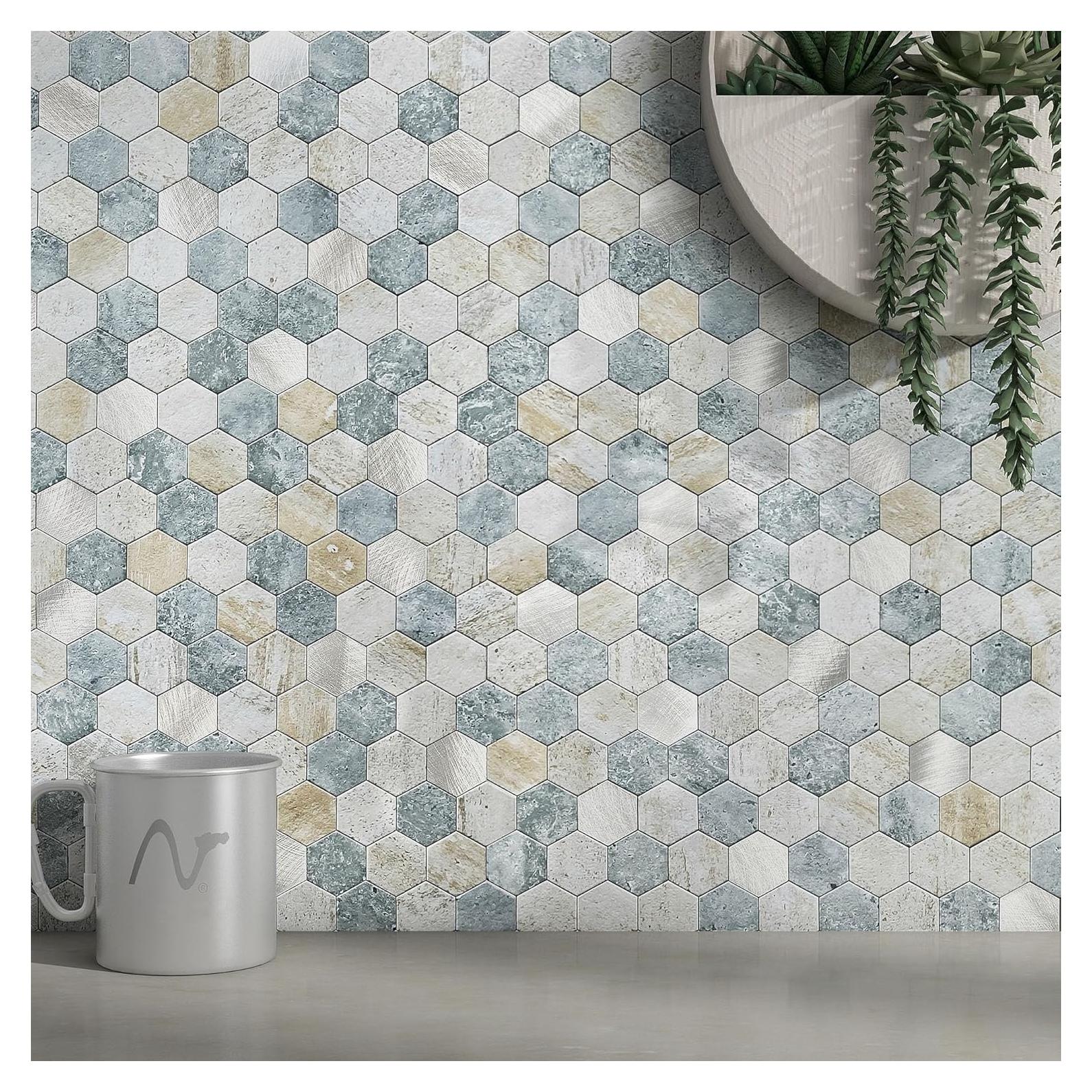 Azulejos Hexagonales Autoadhesivos MOFIT 5 Hojas Azul Verde Gris