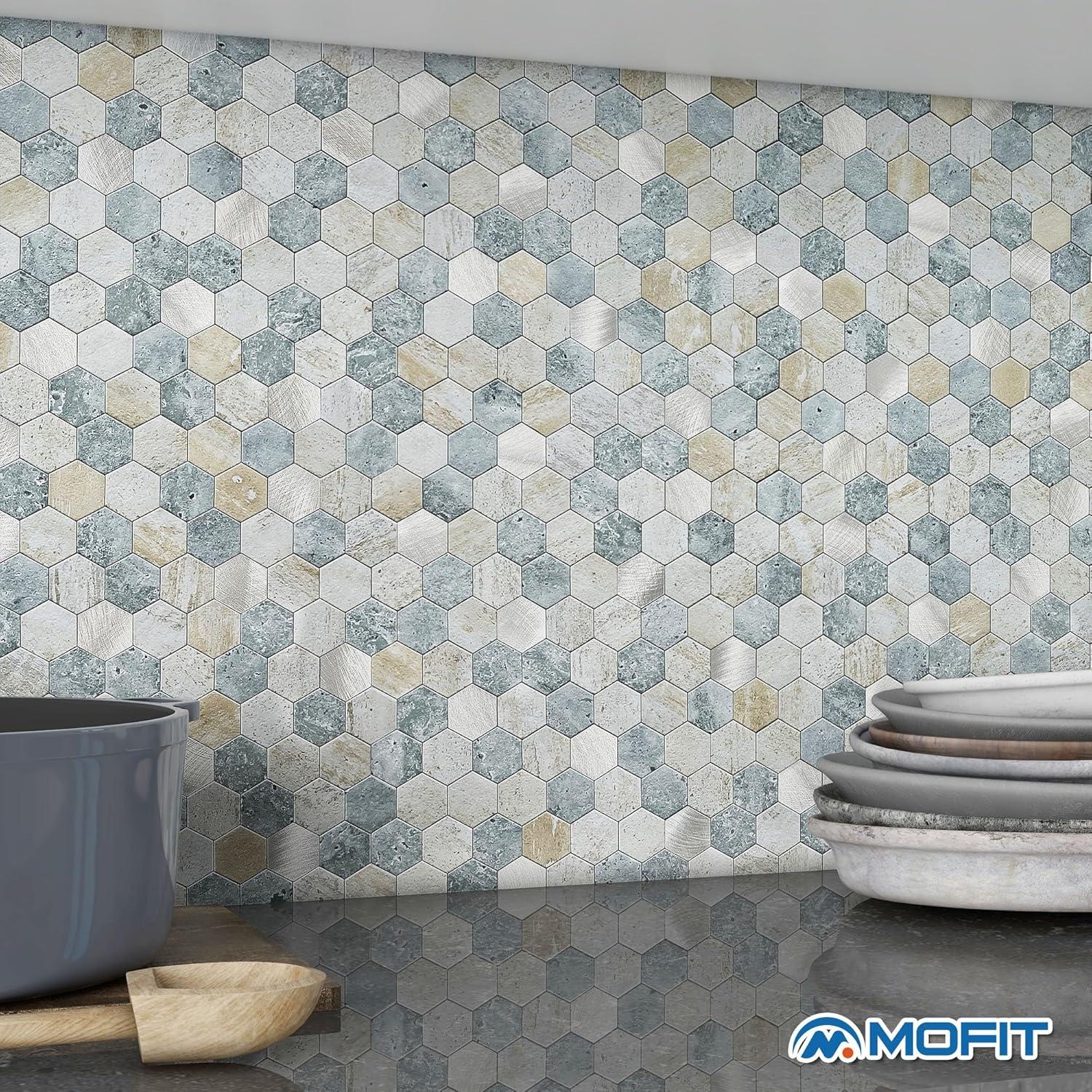 Azulejos Hexagonales Autoadhesivos MOFIT 5 Hojas Azul Verde Gris