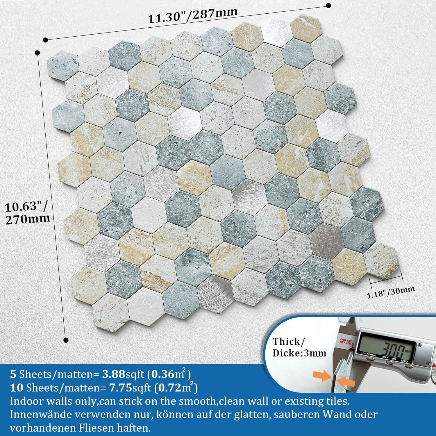 Azulejos Hexagonales Autoadhesivos MOFIT 5 Hojas Azul Verde Gris