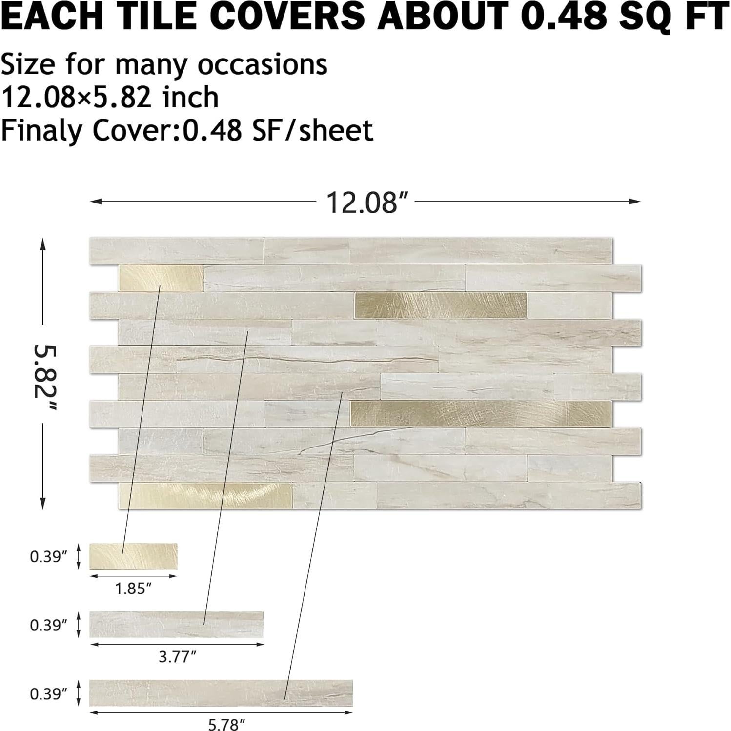 Azulejos Autoadhesivos KASARO 20 Piezas Mosaico PVC Beige Oro
