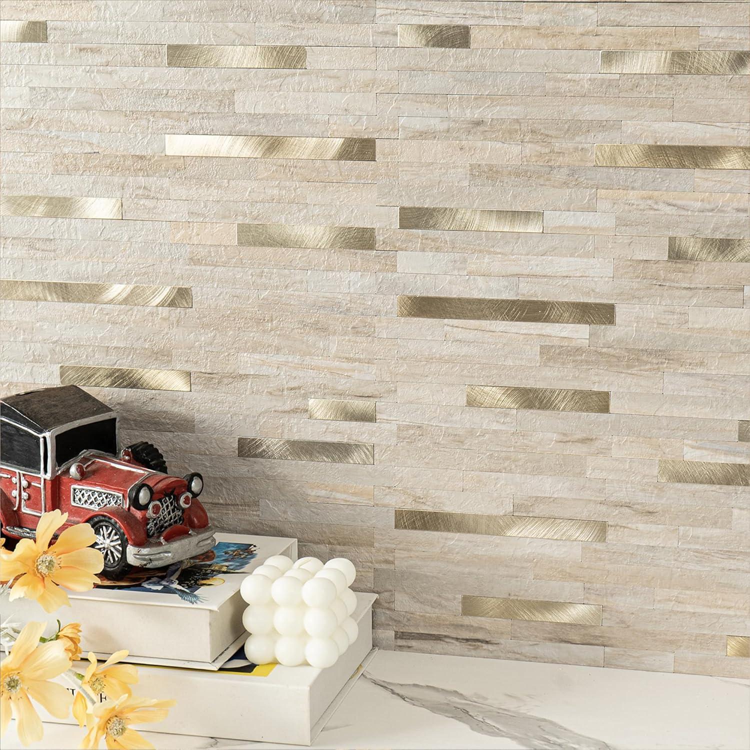 Azulejos Autoadhesivos KASARO 20 Piezas Mosaico PVC Beige Oro