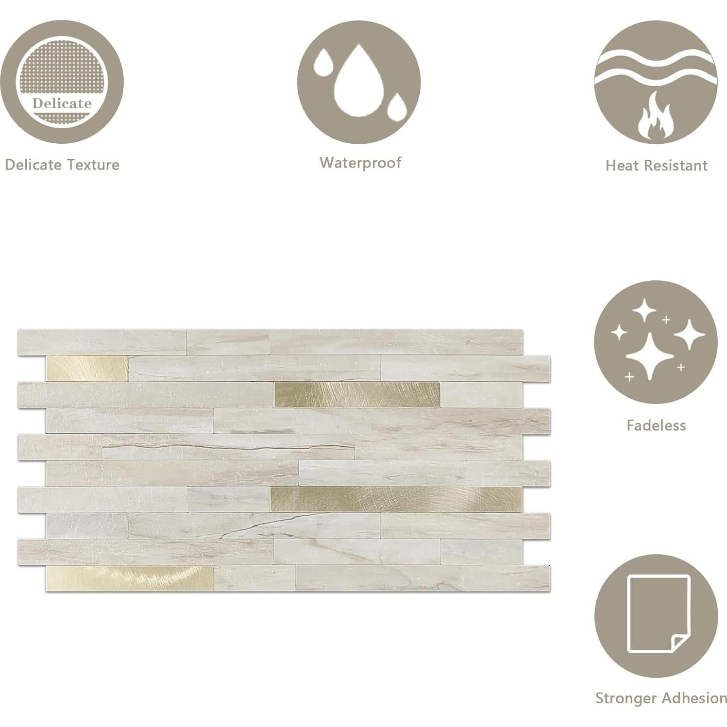 Azulejos Autoadhesivos KASARO 20 Piezas Mosaico PVC Beige Oro