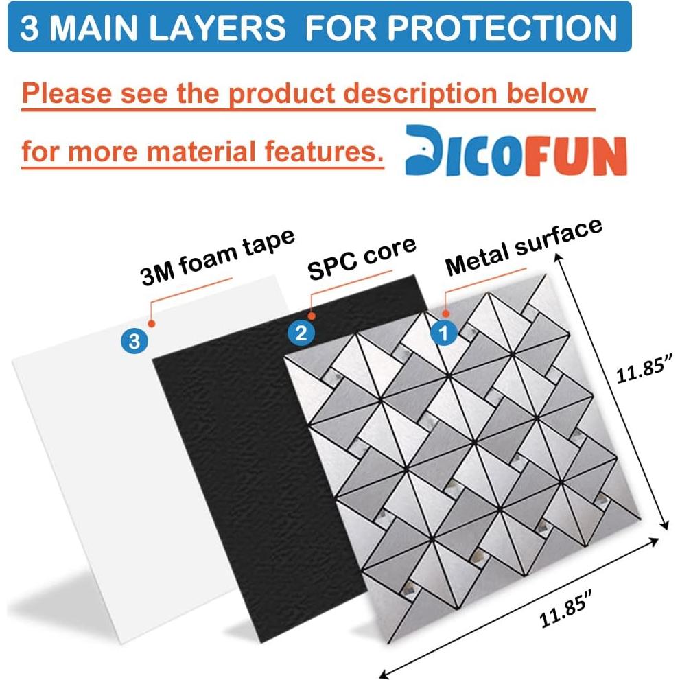 Azulejos Autoadhesivos DICOFUN 10 Hojas 30.48x30.48cm Plata