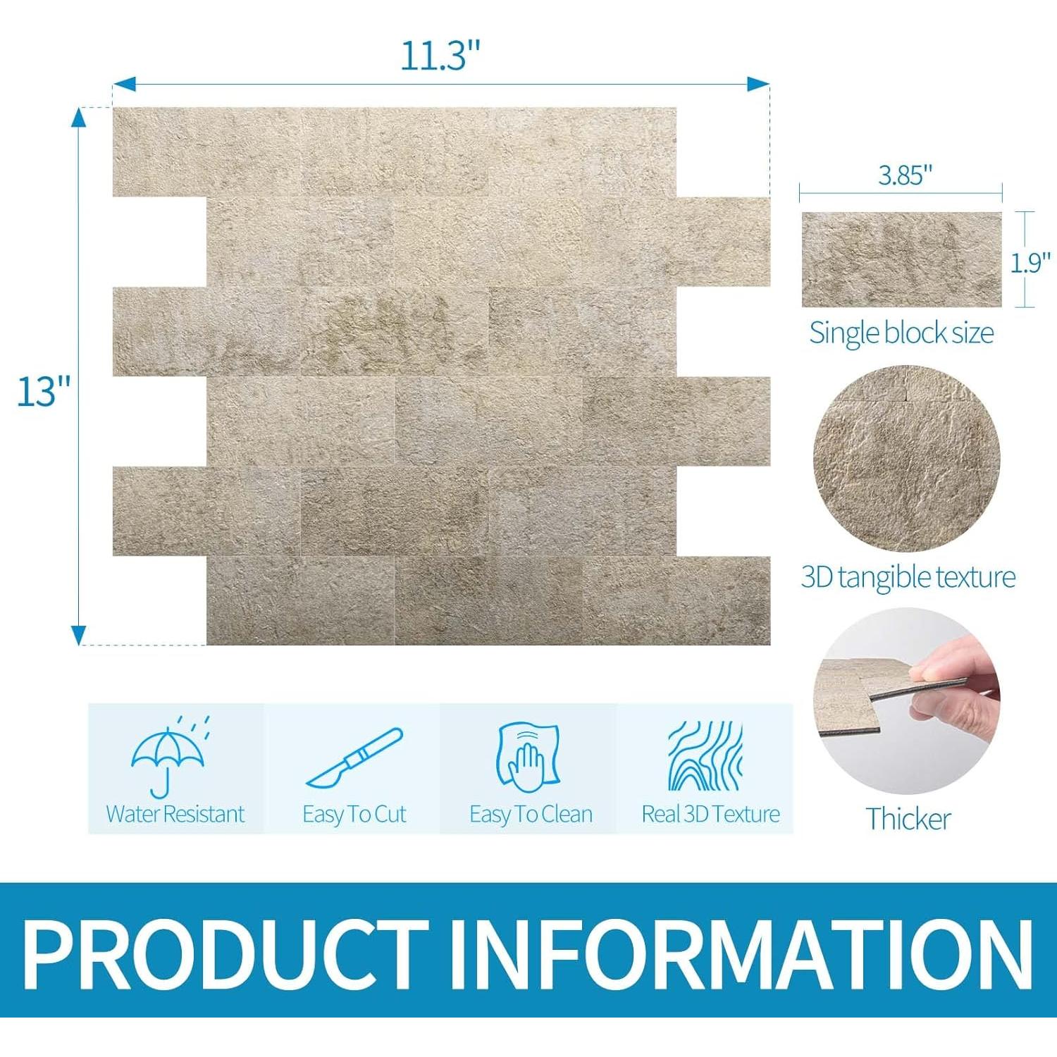 Azulejos Autoadhesivos Art3d 10 Piezas Beige Piedra 29x34 cm