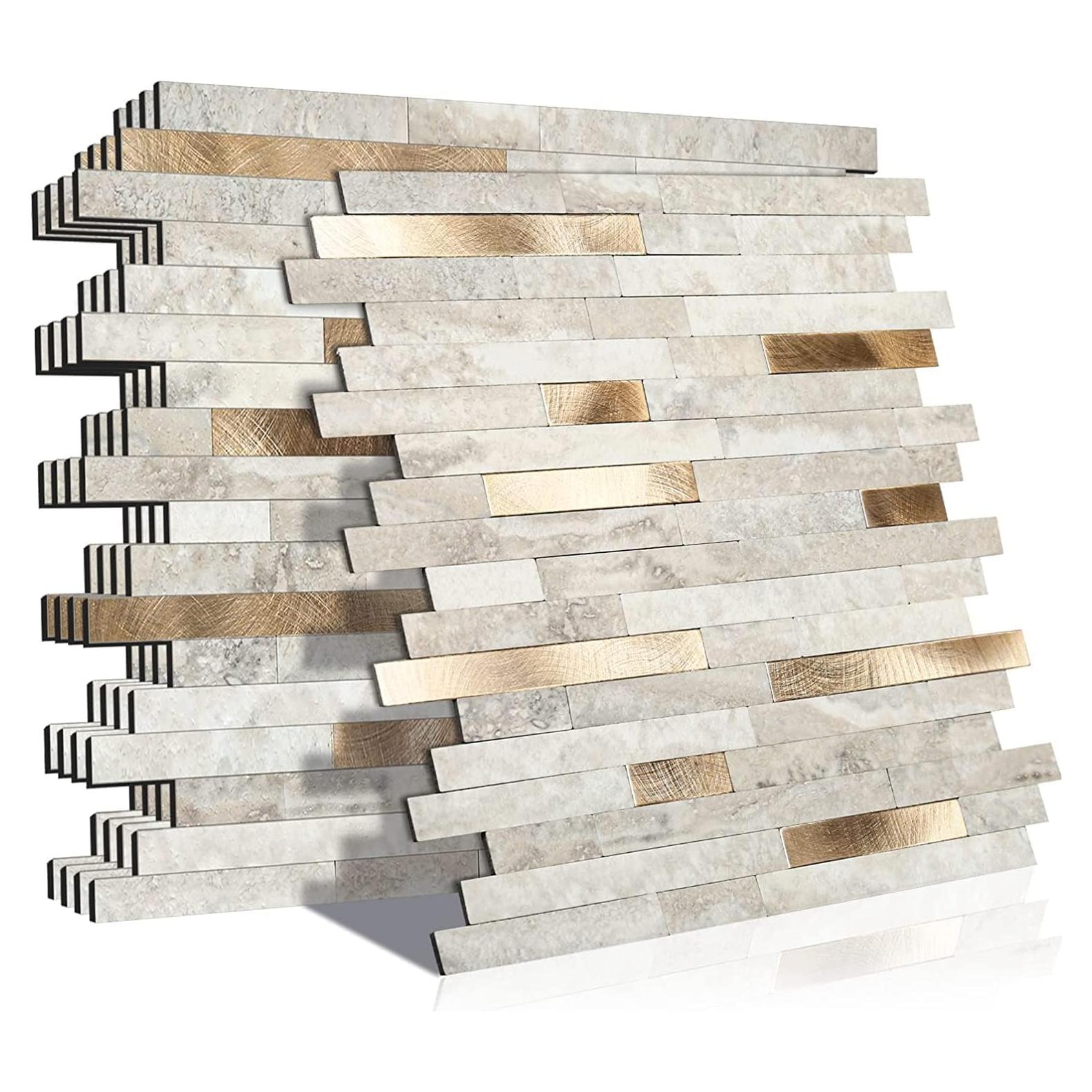 KASARO Peel and Stick Marble Tiles, Self-Adhesive Aluminum Wall Tile Stick on Bathroom, Fireplace, RV, Marble Beige with Vintage Golden Embellished Stripes, 10-Sheet