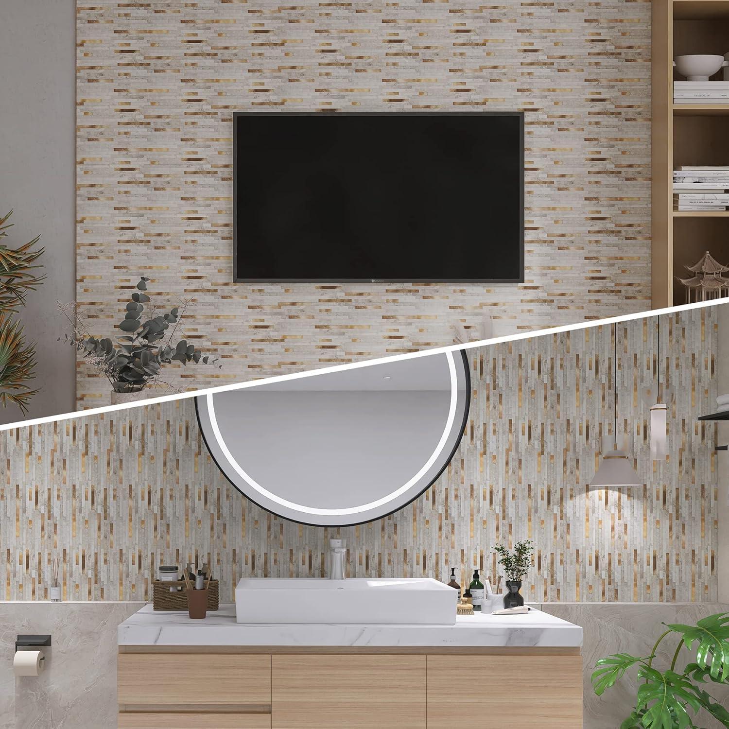 KASARO Peel and Stick Marble Tiles, Self-Adhesive Aluminum Wall Tile Stick on Bathroom, Fireplace, RV, Marble Beige with Vintage Golden Embellished Stripes, 10-Sheet