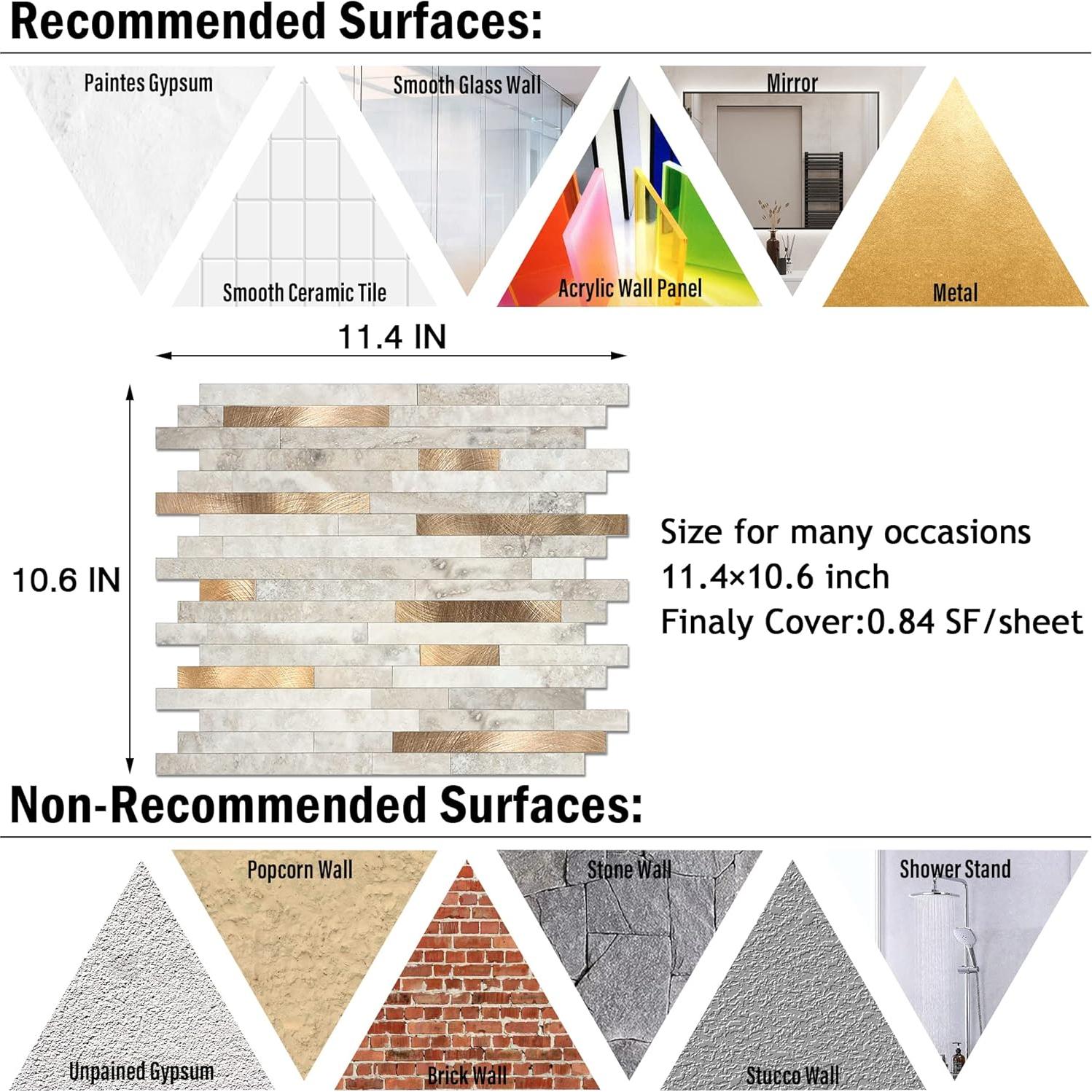 KASARO Peel and Stick Marble Tiles, Self-Adhesive Aluminum Wall Tile Stick on Bathroom, Fireplace, RV, Marble Beige with Vintage Golden Embellished Stripes, 10-Sheet