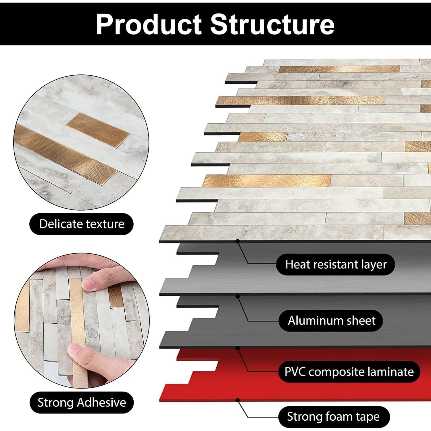 KASARO Peel and Stick Marble Tiles, Self-Adhesive Aluminum Wall Tile Stick on Bathroom, Fireplace, RV, Marble Beige with Vintage Golden Embellished Stripes, 10-Sheet