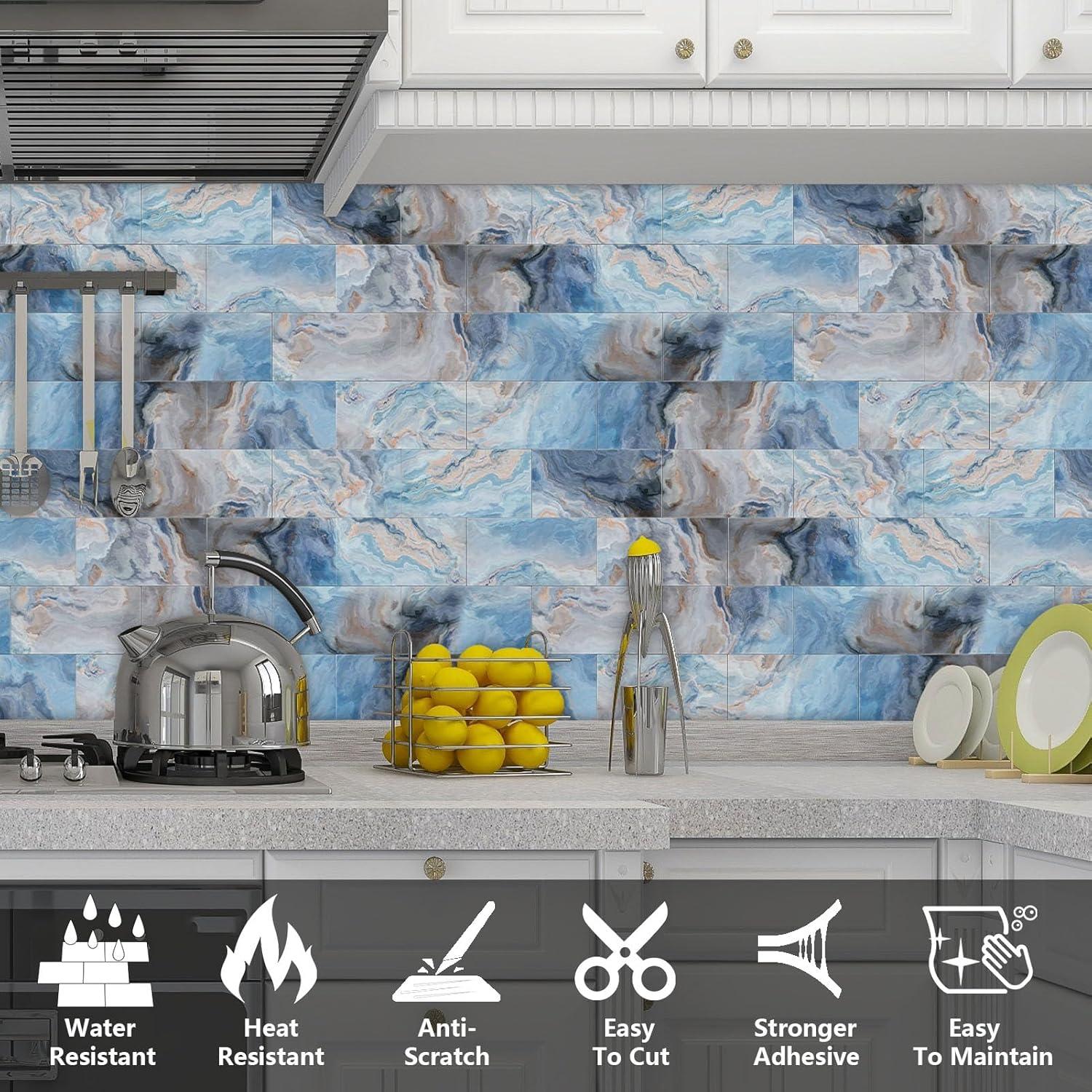 Azulejos Autoadhesivos URCOLOR 64 Piezas 10.16x20.32cm Mármol Azul