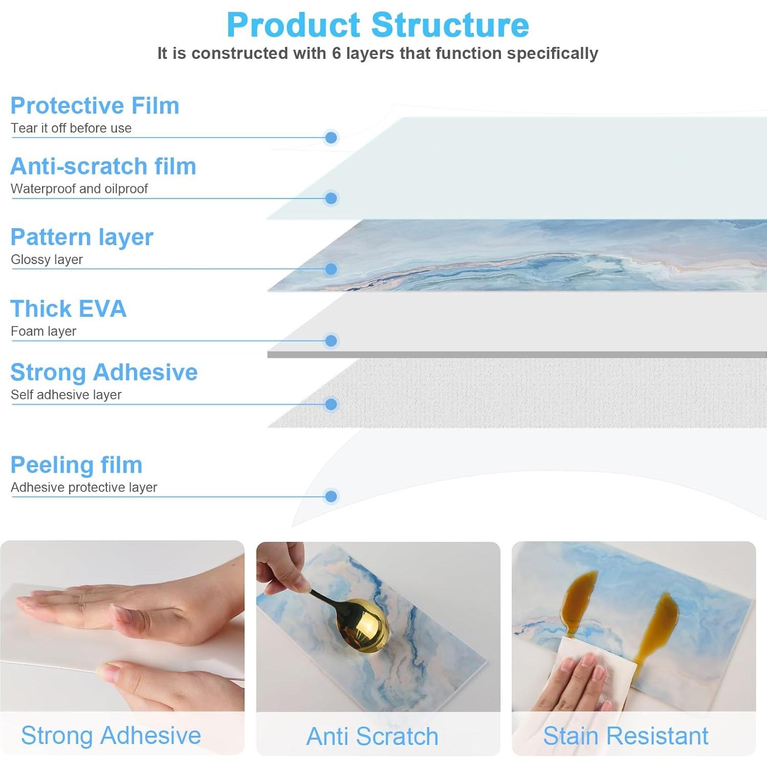 Azulejos Autoadhesivos URCOLOR 64 Piezas 10.16x20.32cm Mármol Azul