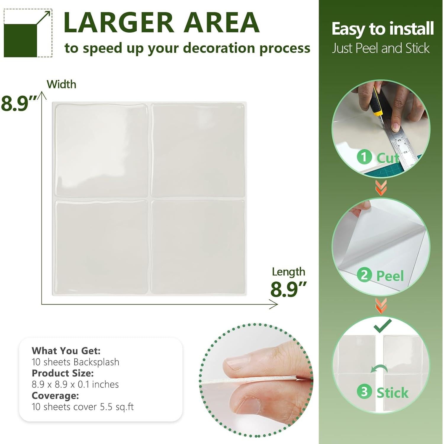 Azulejos Autoadhesivos STICKGOO 10 Hojas 23x23 cm para Cocina y Baño