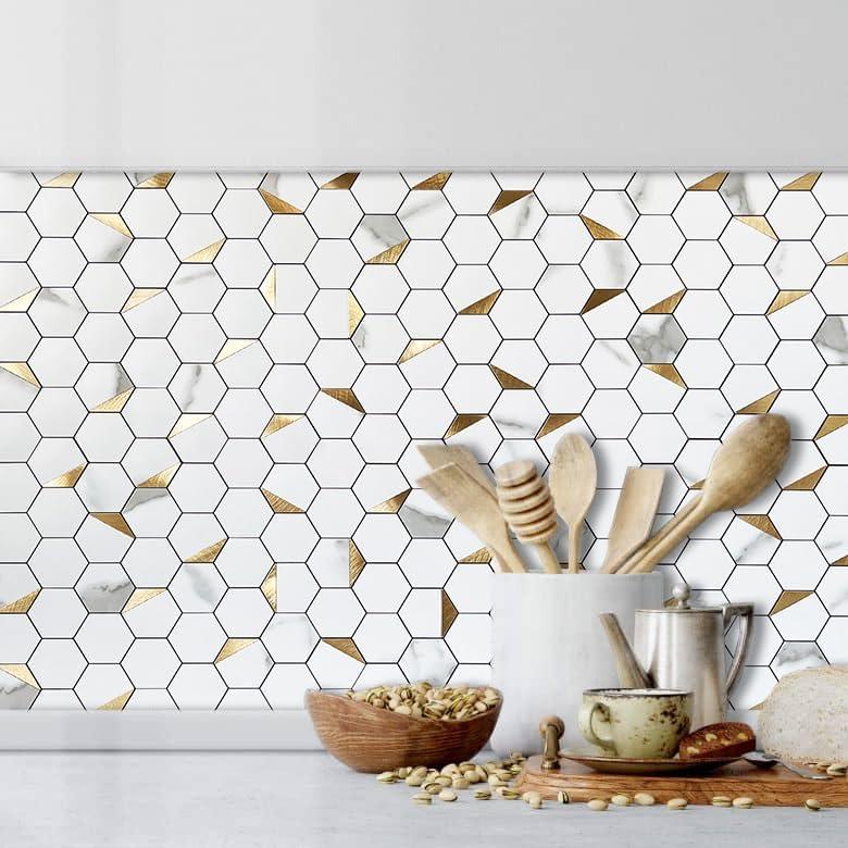 DICOFUN Azulejos Hexagonales Autoadhesivos 10 Hojas PVC Mármol Blanco