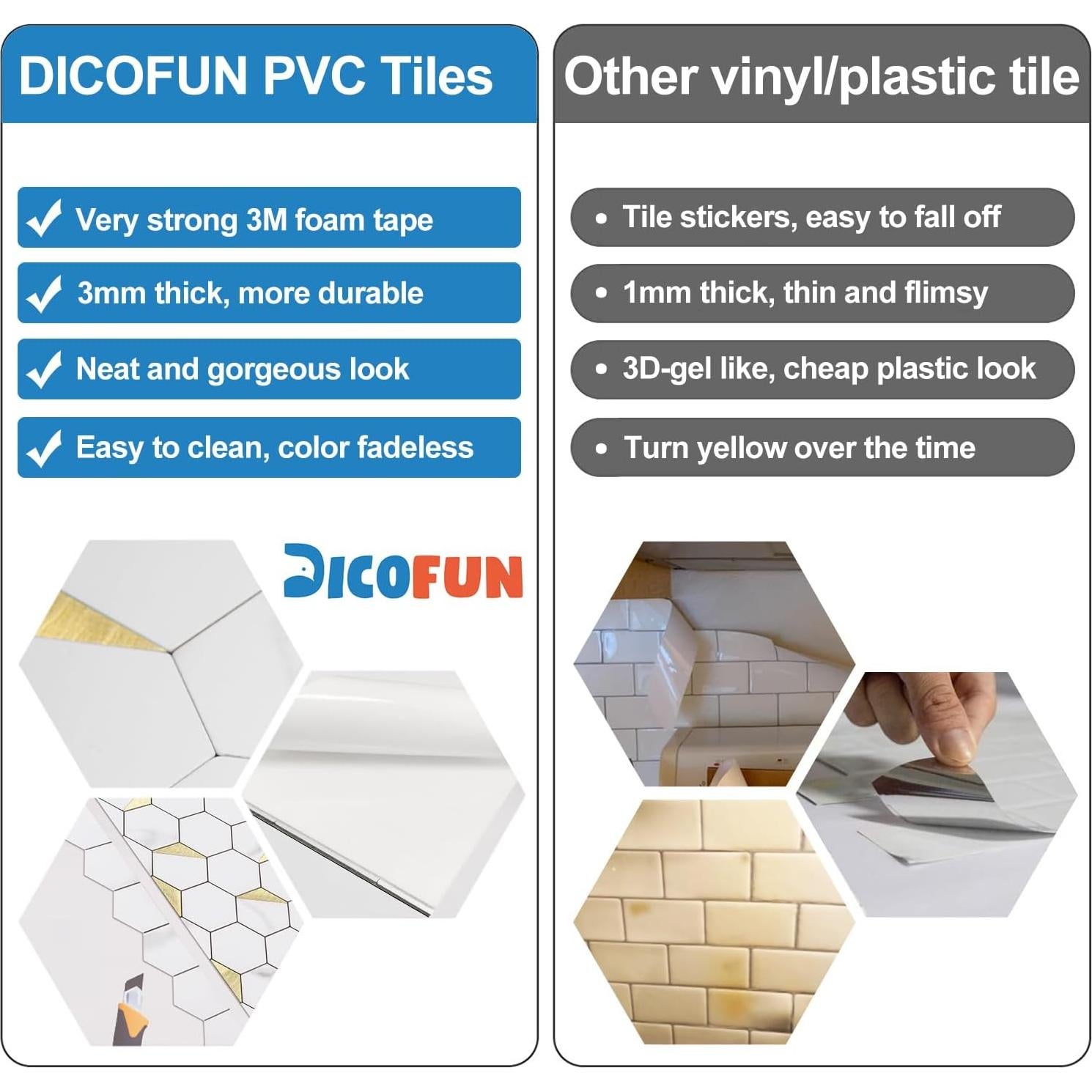 DICOFUN Azulejos Hexagonales Autoadhesivos 10 Hojas PVC Mármol Blanco