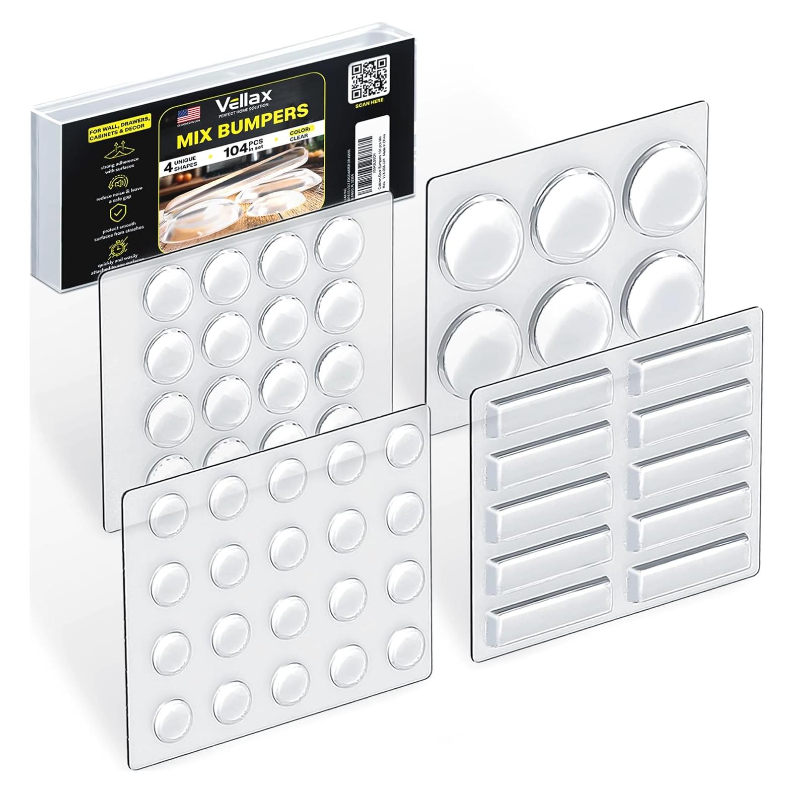 104 Clear Cabinet Bumper Pads – Self-Adhesive Silicone Buffer Set with 4 Shapes for Doors, Drawers & Furniture – Sound Dampening & Surface Protection