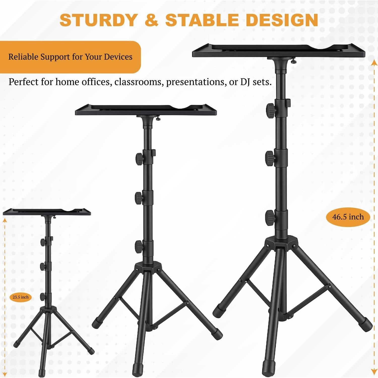 Adjustable Projector Tripod Stand, Height: 23" to 46", 180° Tilt Tray, Gooseneck Holder, Load Capacity: 22 lbs, Ideal for Office Presentations, Studio, Home Theaters, DJs, and Professionals