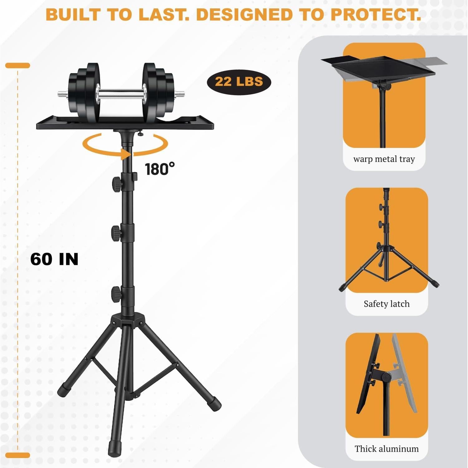 Adjustable Projector Tripod Stand, Height: 23" to 46", 180° Tilt Tray, Gooseneck Holder, Load Capacity: 22 lbs, Ideal for Office Presentations, Studio, Home Theaters, DJs, and Professionals