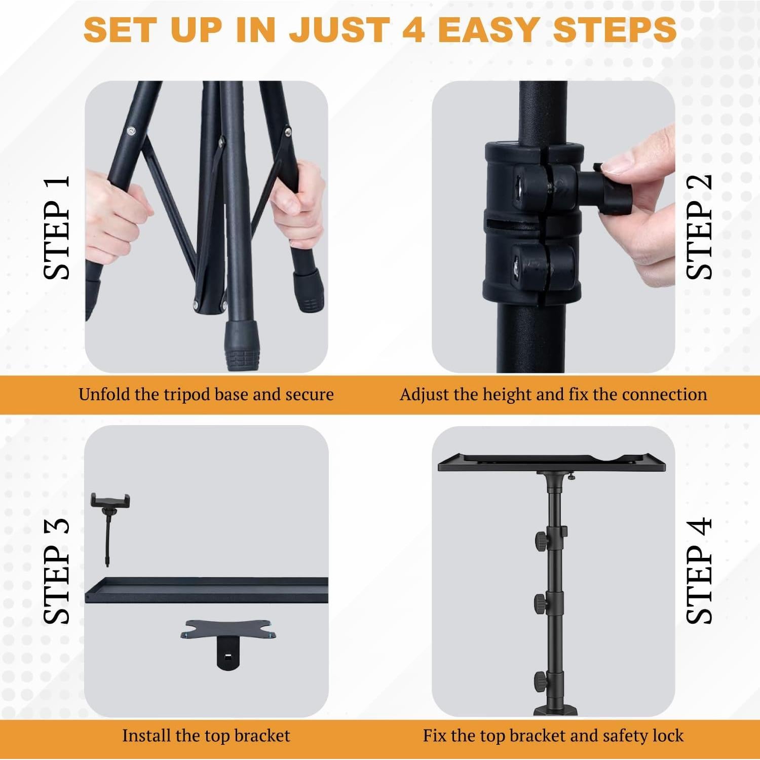 Adjustable Projector Tripod Stand, Height: 23" to 46", 180° Tilt Tray, Gooseneck Holder, Load Capacity: 22 lbs, Ideal for Office Presentations, Studio, Home Theaters, DJs, and Professionals