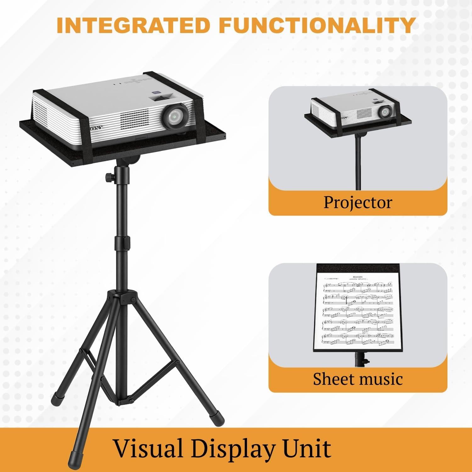 Adjustable Projector Tripod Stand, Height: 23" to 46", 180° Tilt Tray, Gooseneck Holder, Load Capacity: 22 lbs, Ideal for Office Presentations, Studio, Home Theaters, DJs, and Professionals