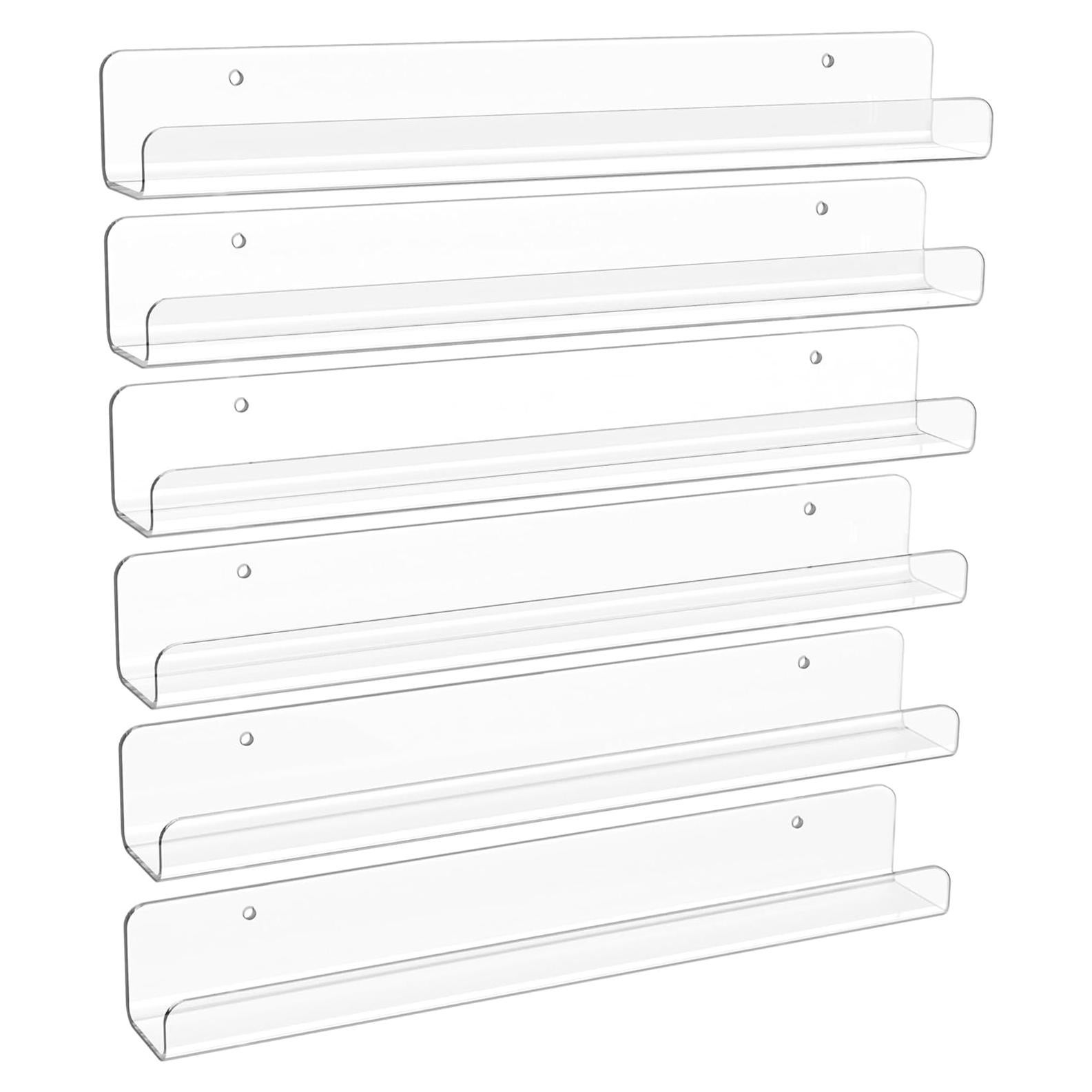 upsimples 6 Pack Clear Acrylic Shelves, 1.7" x12" Nursery Bookshelves, Small Floating Bookshelf for Kids Baby, Vinyl Wall Mount, Record Holder, Magazine Rack, Comic Display, Picture Ledge Shelf Décor